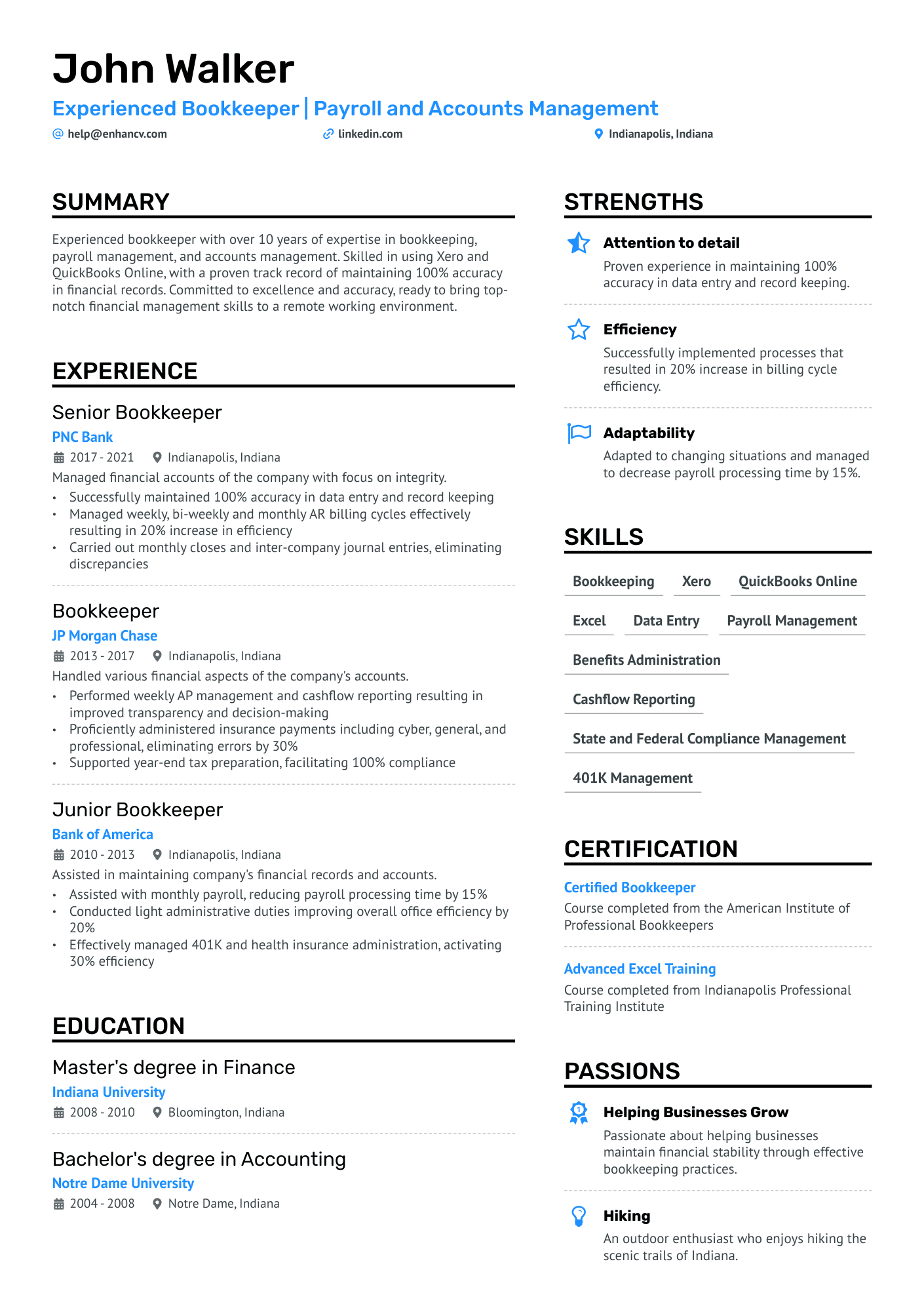 Experienced Bookkeeper Resume Example