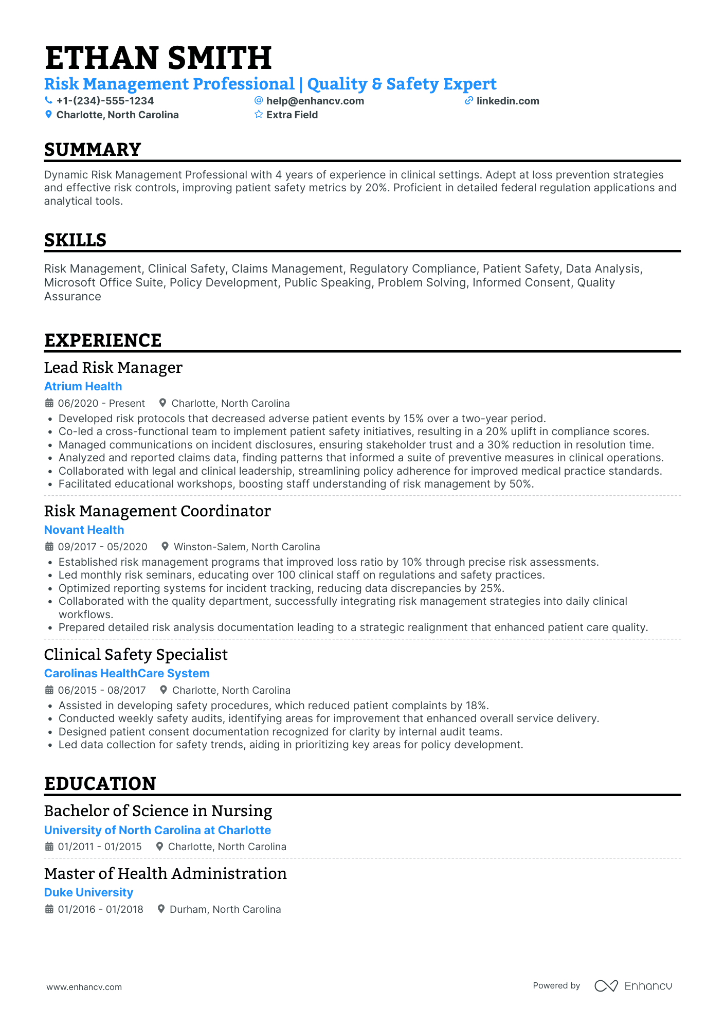 Healthcare Risk Manager Resume Example