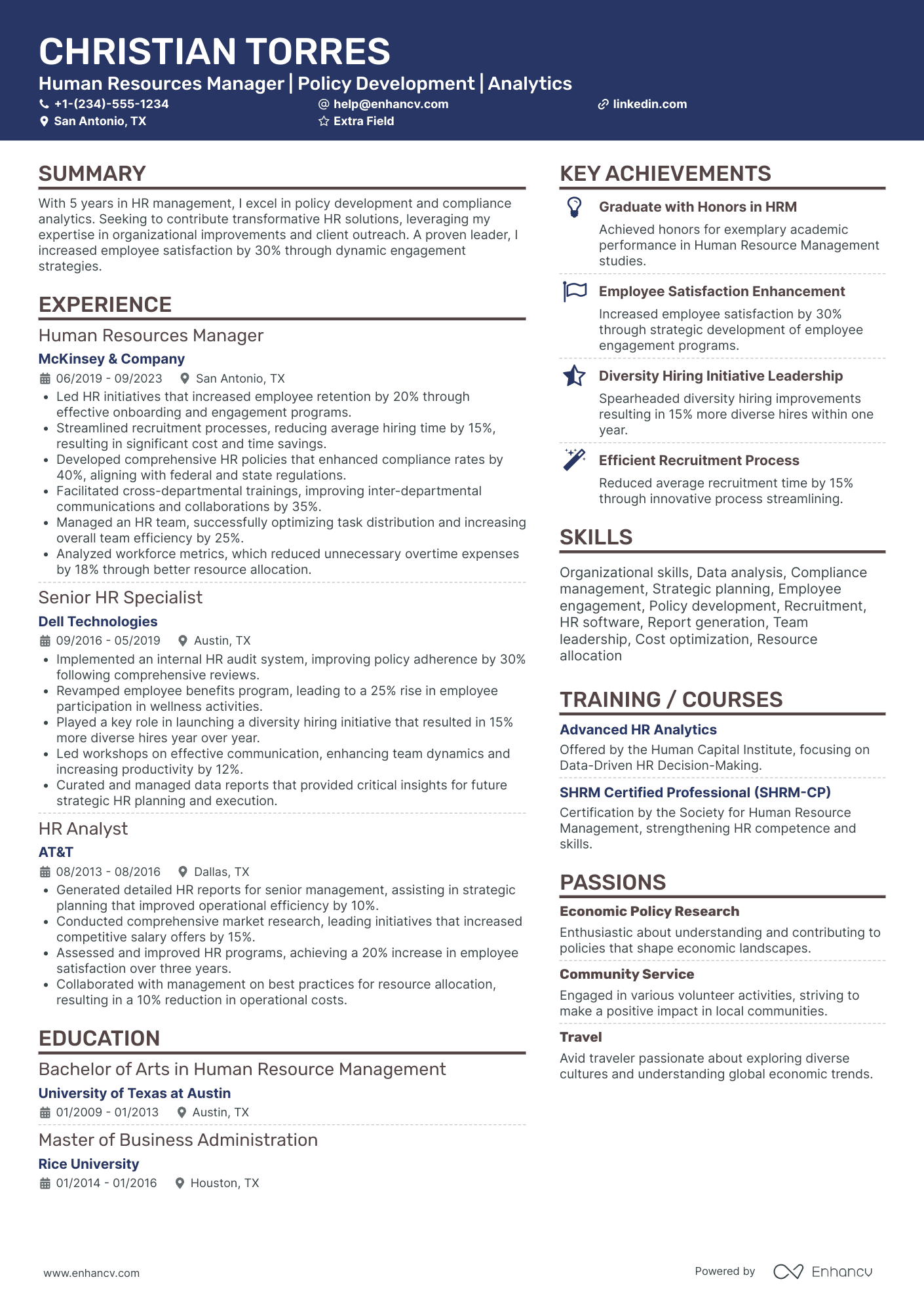 College Human Resources Manager Resume Example