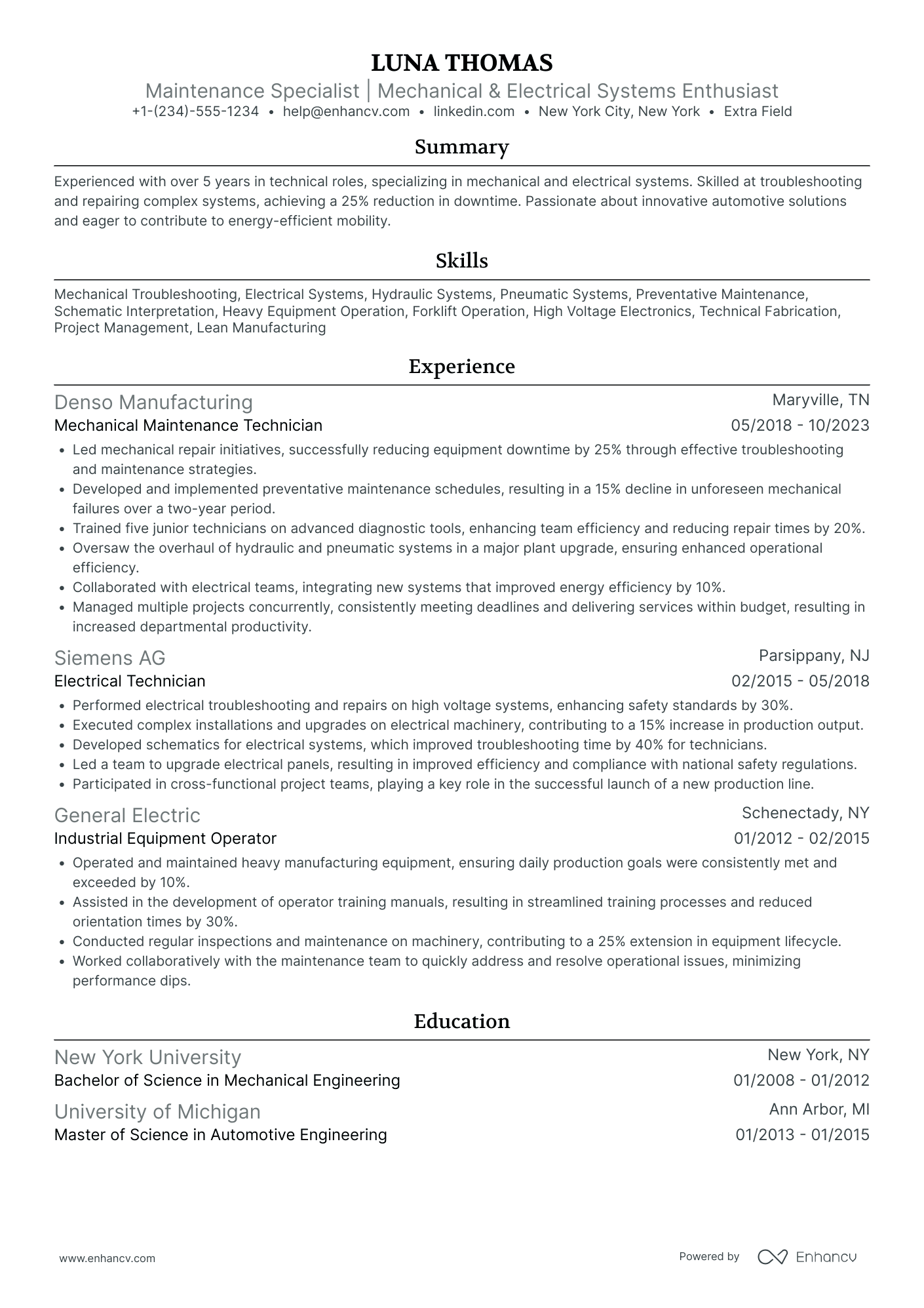 Maintenance Technician Apprentice Resume Example