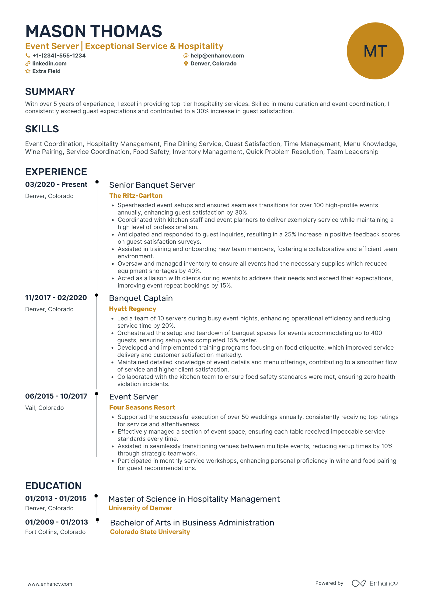 Fine Dining Event Server Resume Example