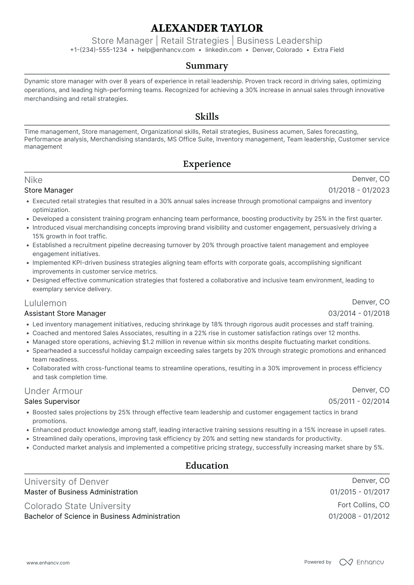 Fashion Store Manager Resume Example