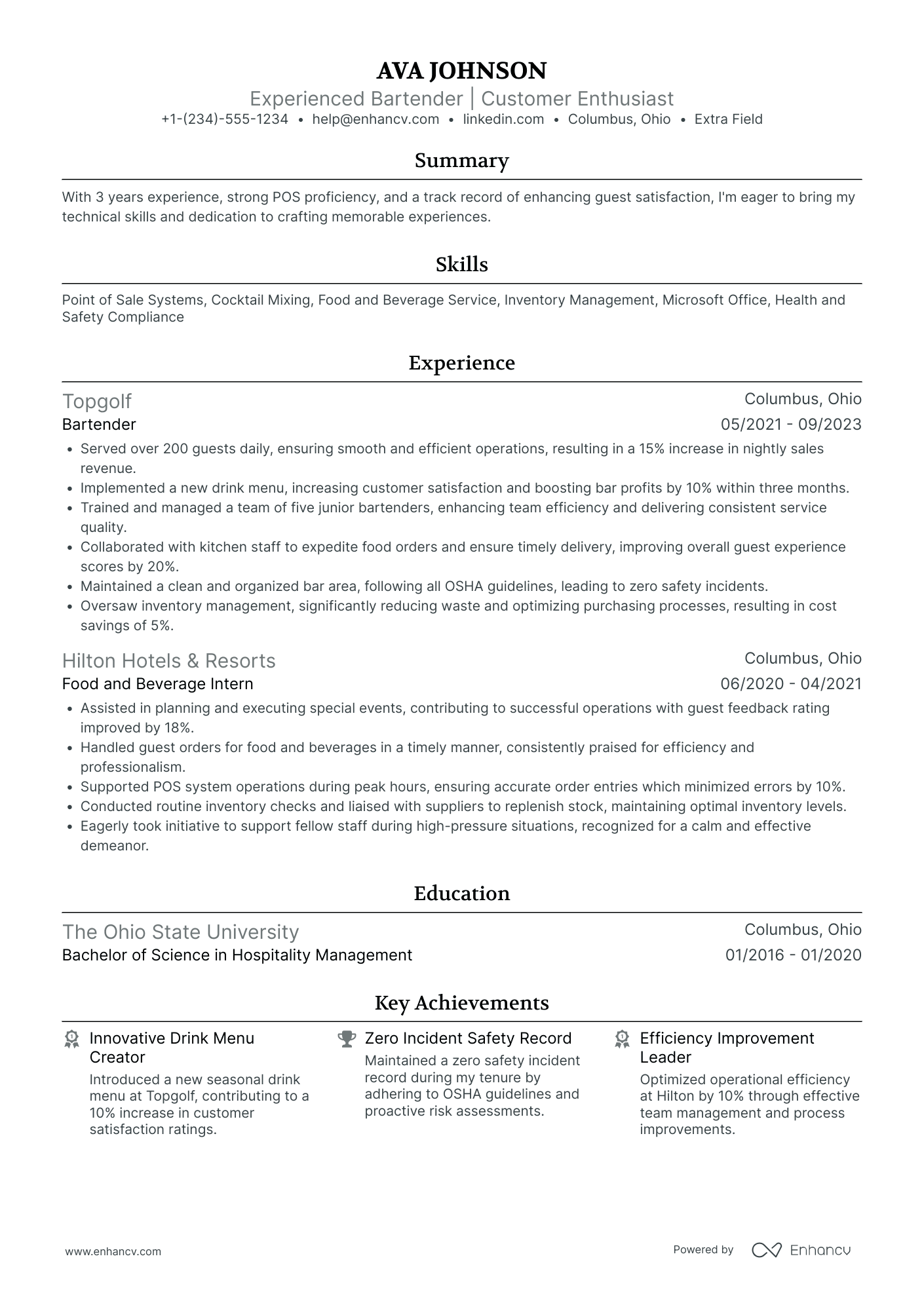 Junior Bartender Resume Example