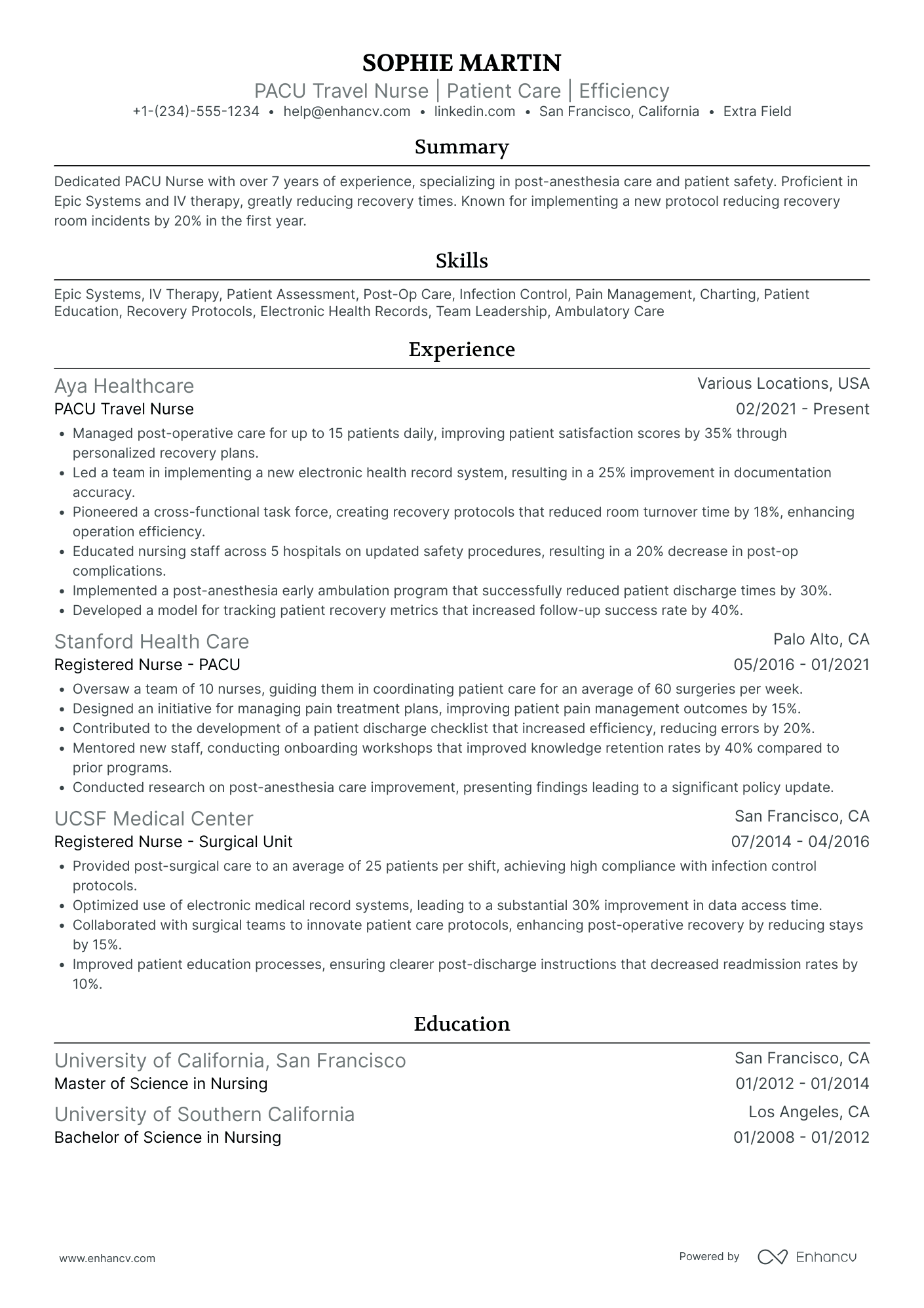 PACU Travel Nurse Resume Example