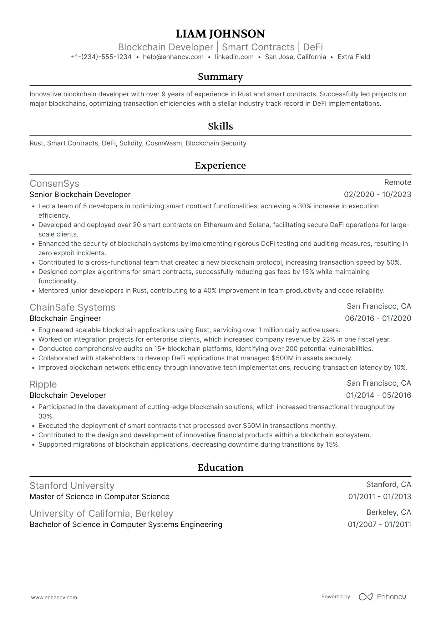 Senior Blockchain Developer Resume Example