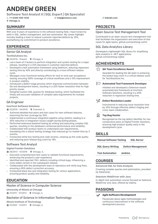 Software Test Analyst Resume Example