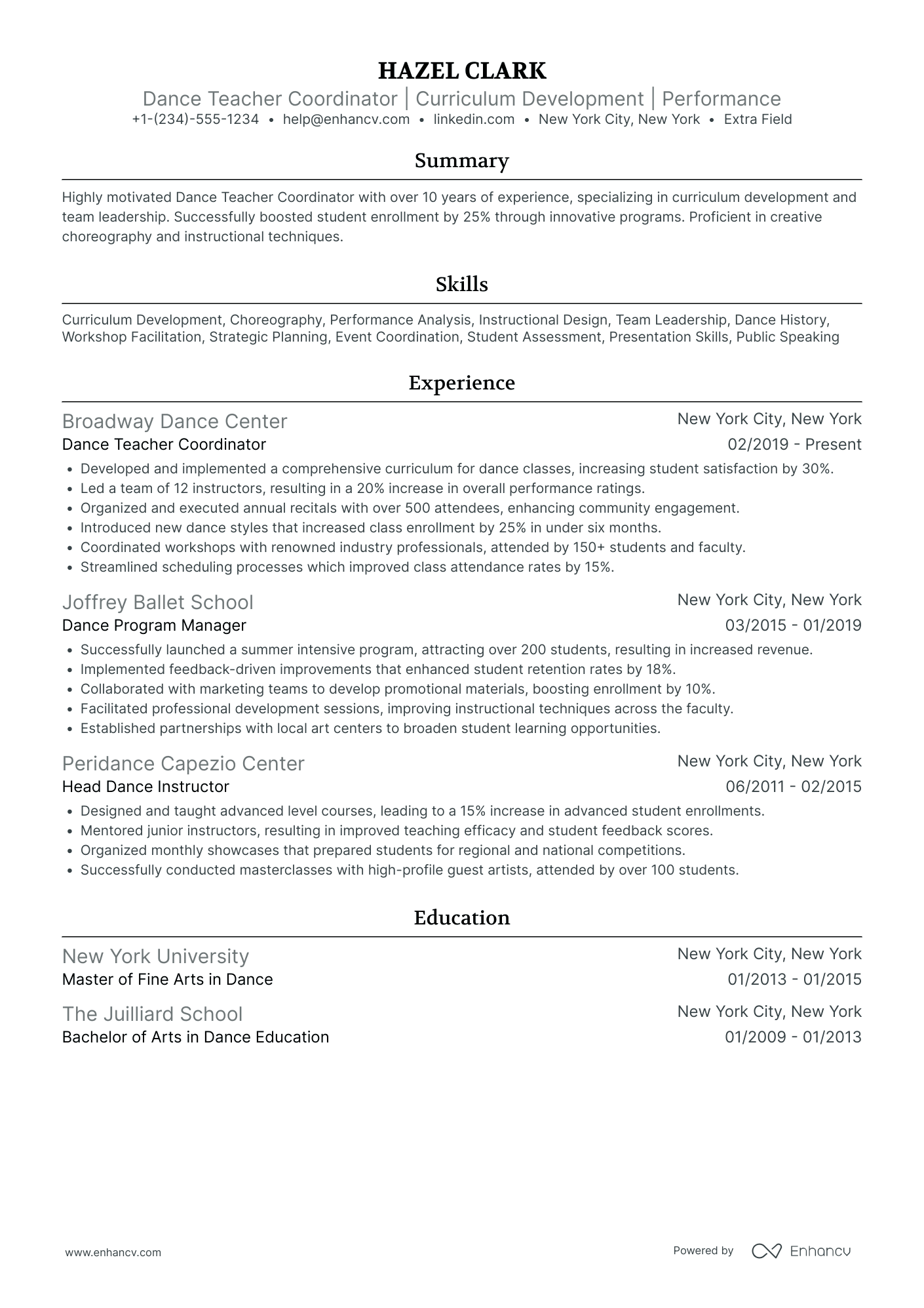 Dance Teacher Coordinator Resume Example