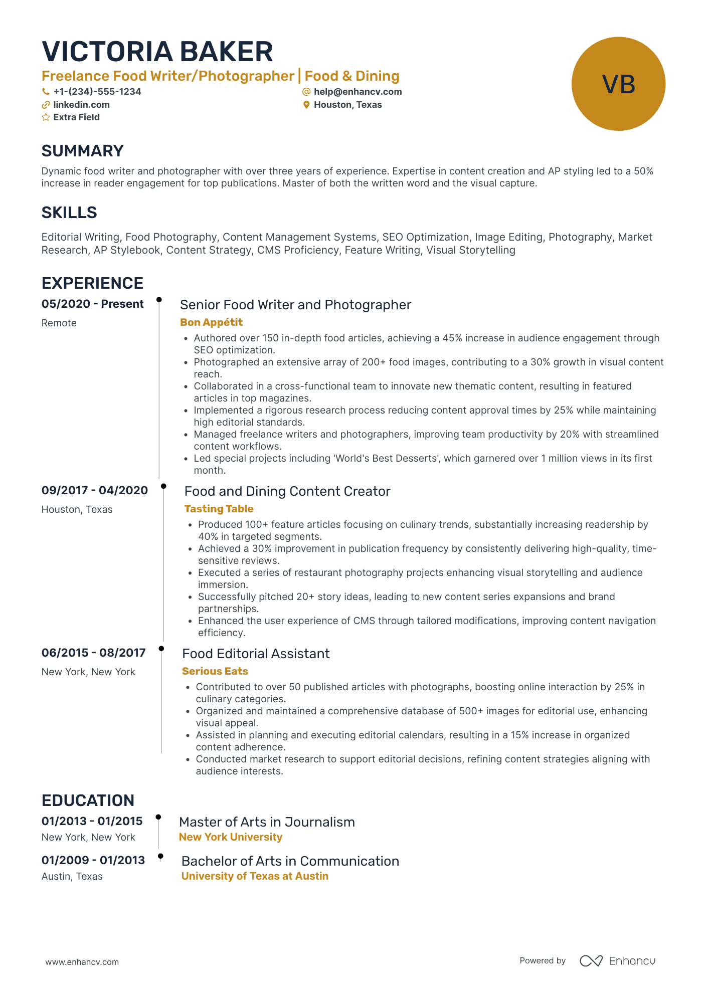 Freelance Food Photographer Resume Example