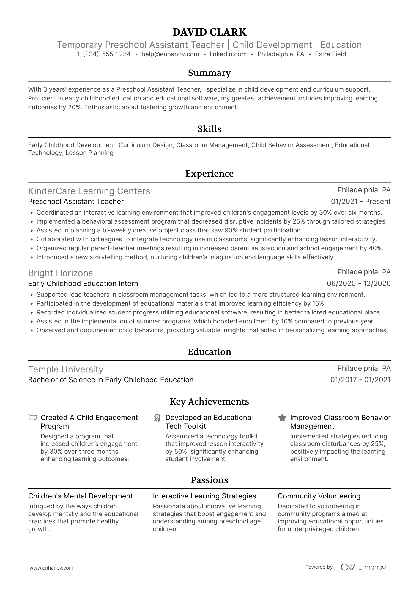 Temporary Preschool Assistant Teacher Resume Example