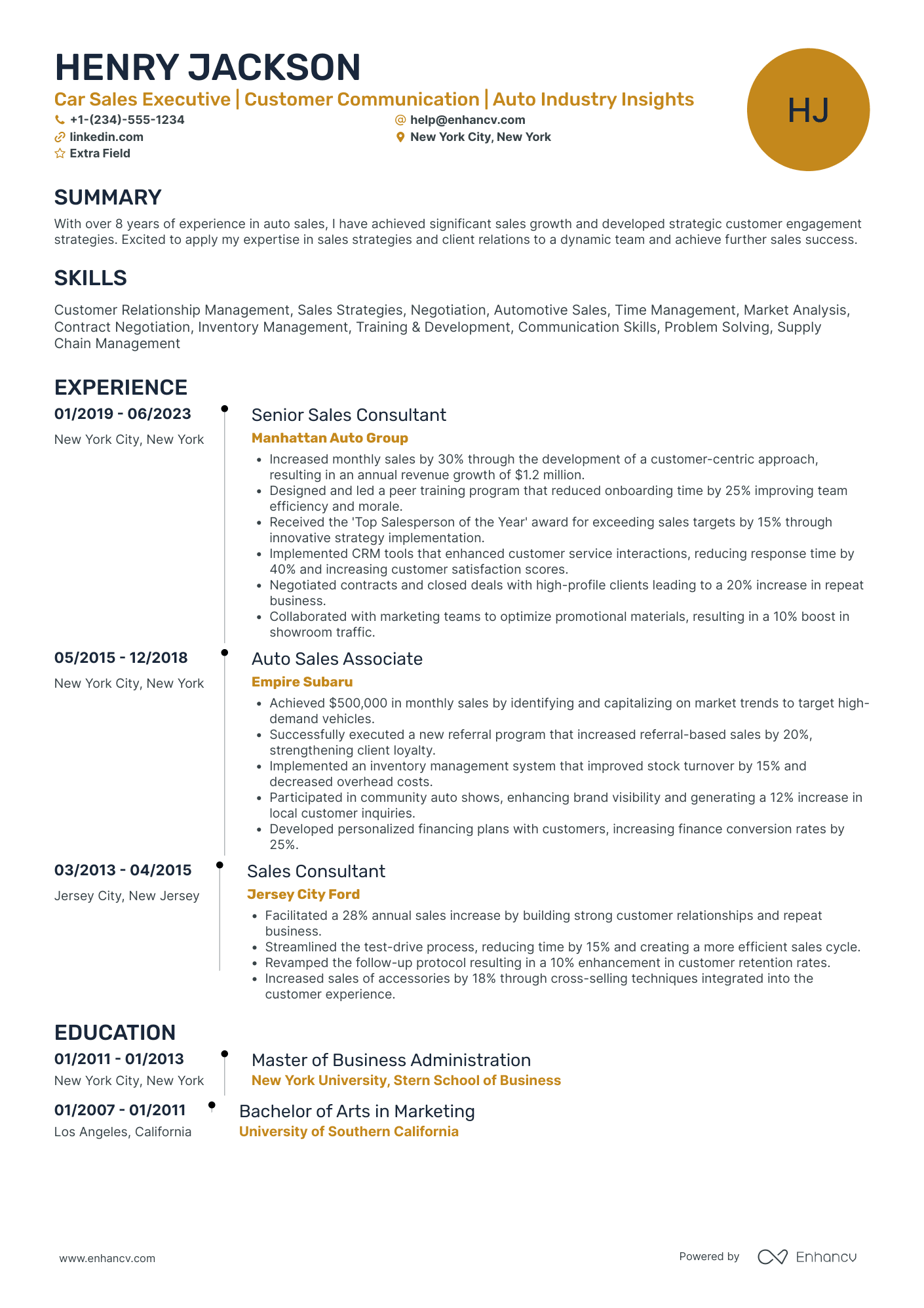 Senior Car Salesman Resume Example