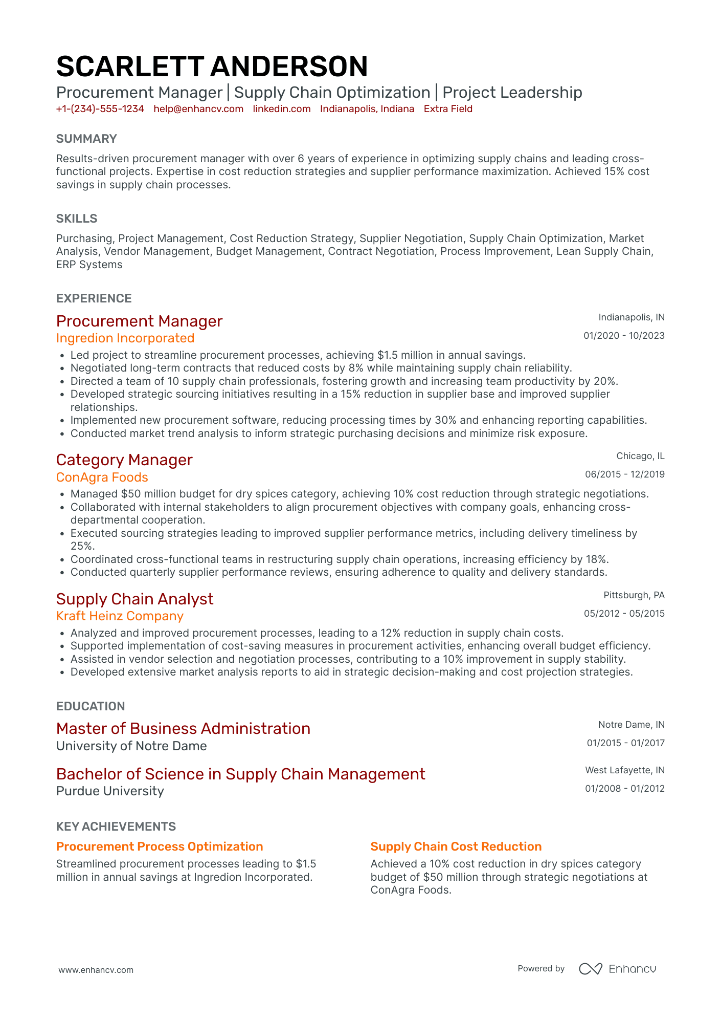 Manufacturing Procurement Manager Resume Example