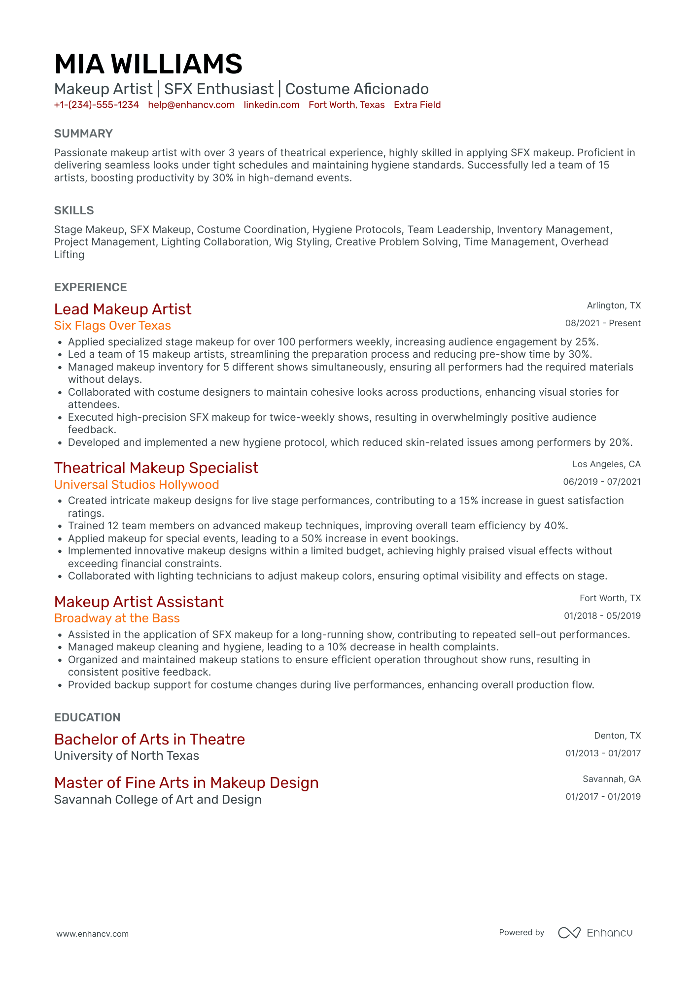 Lead Makeup Artist Resume Example