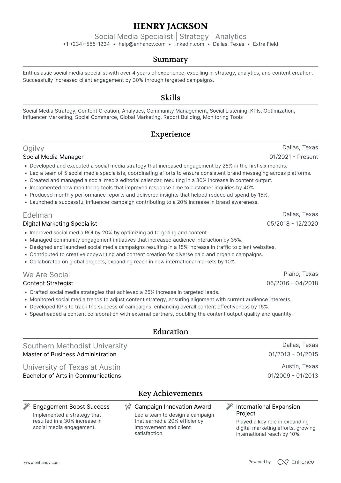 Senior Social Media Specialist Resume Example