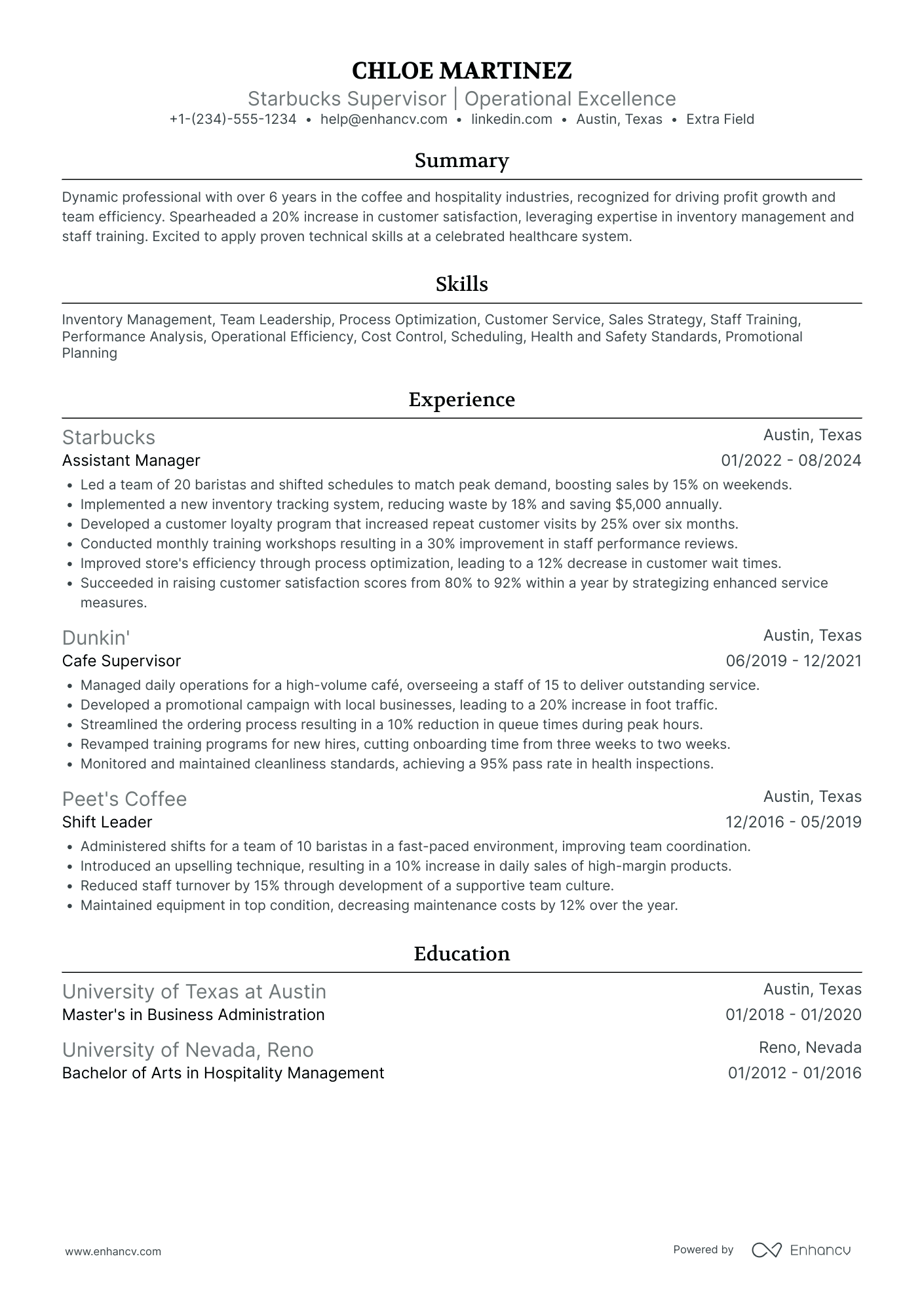 Starbucks Shift Supervisor Resume Example