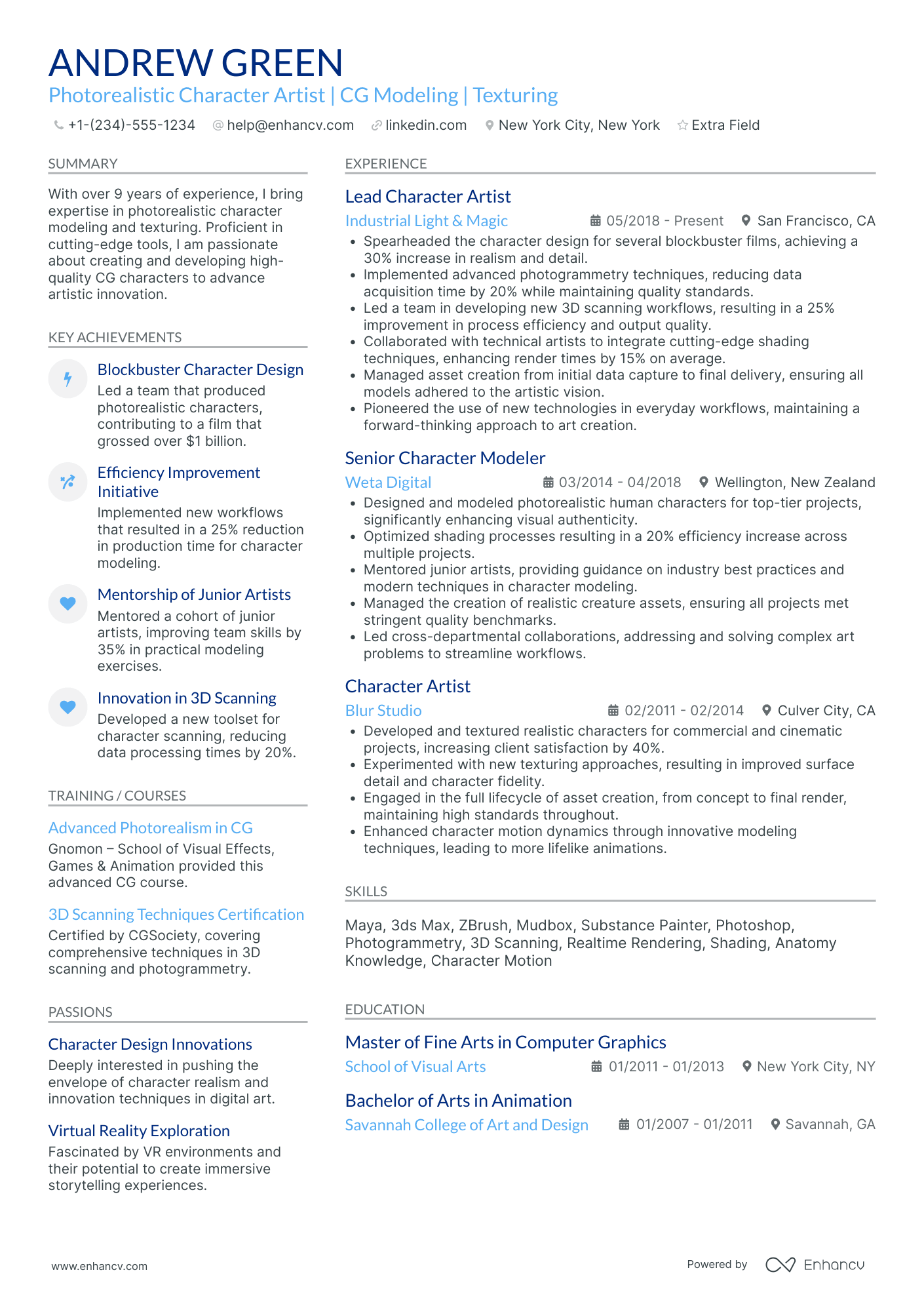 Senior 3D Artist Resume Example