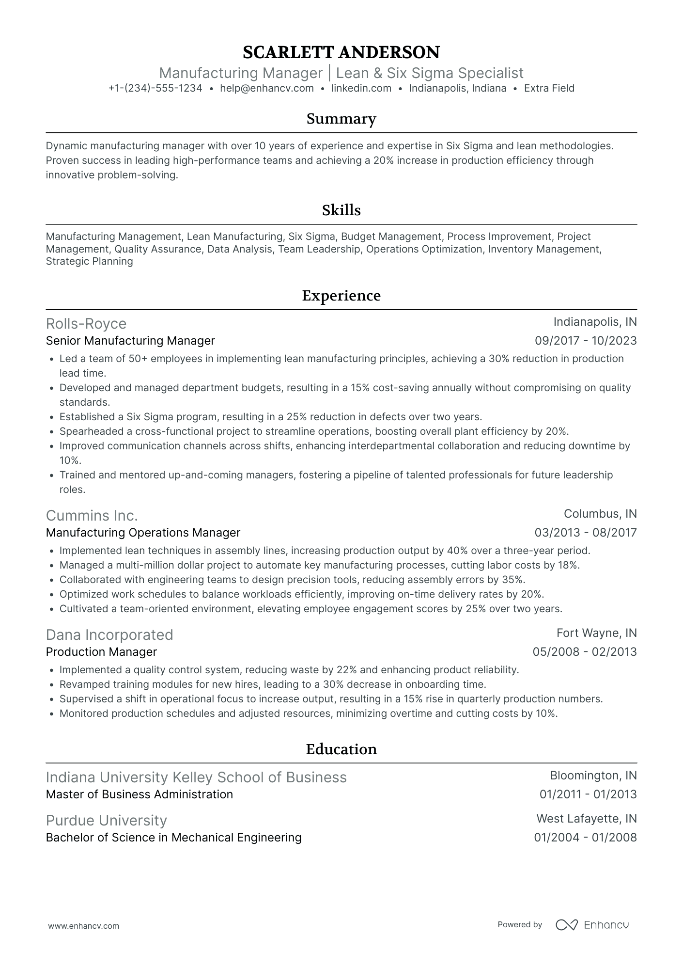 Lean Manufacturing Manager Resume Example