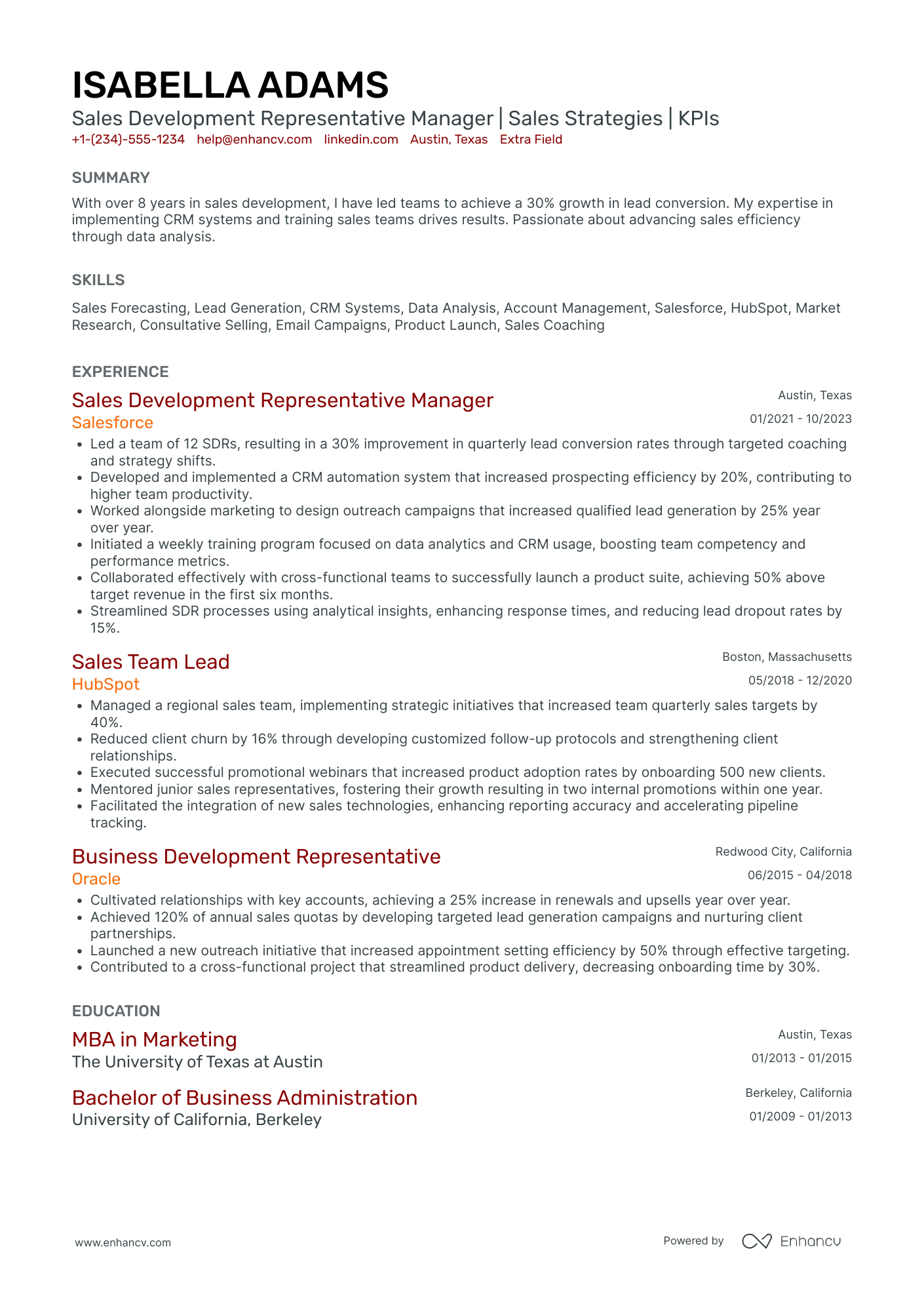 Sales Development Representative Manager Resume Example