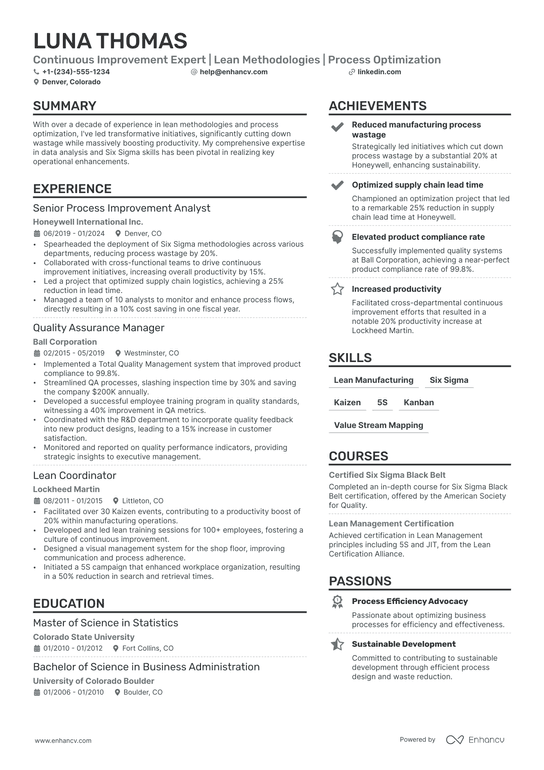 Continuous Improvement Manager Resume Example
