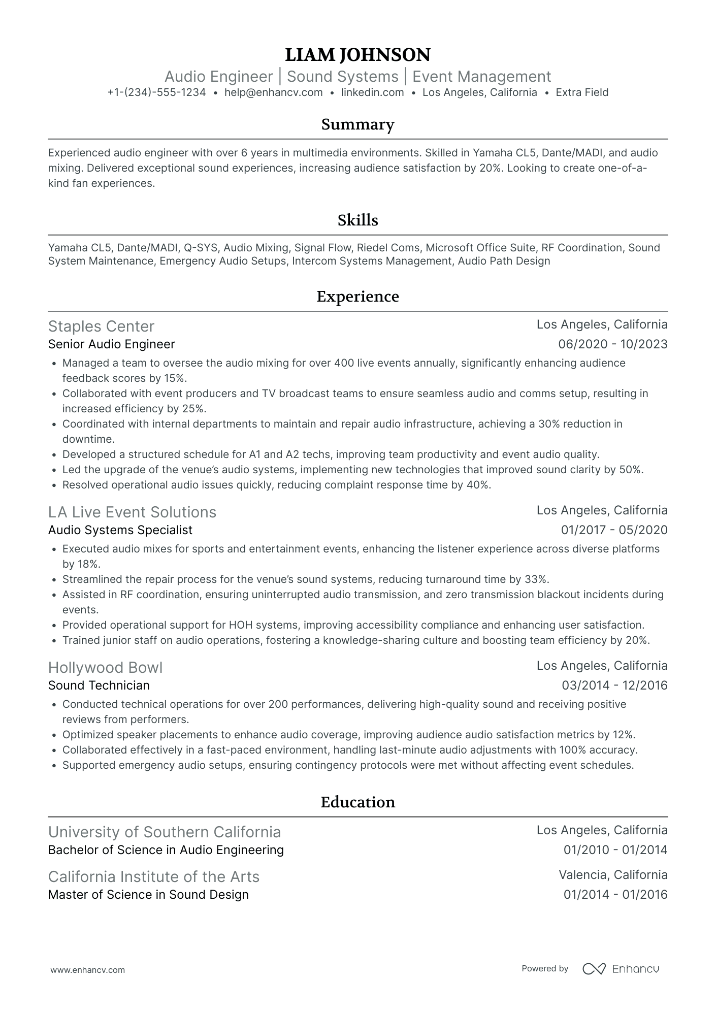 Post Production Audio Engineer Resume Example