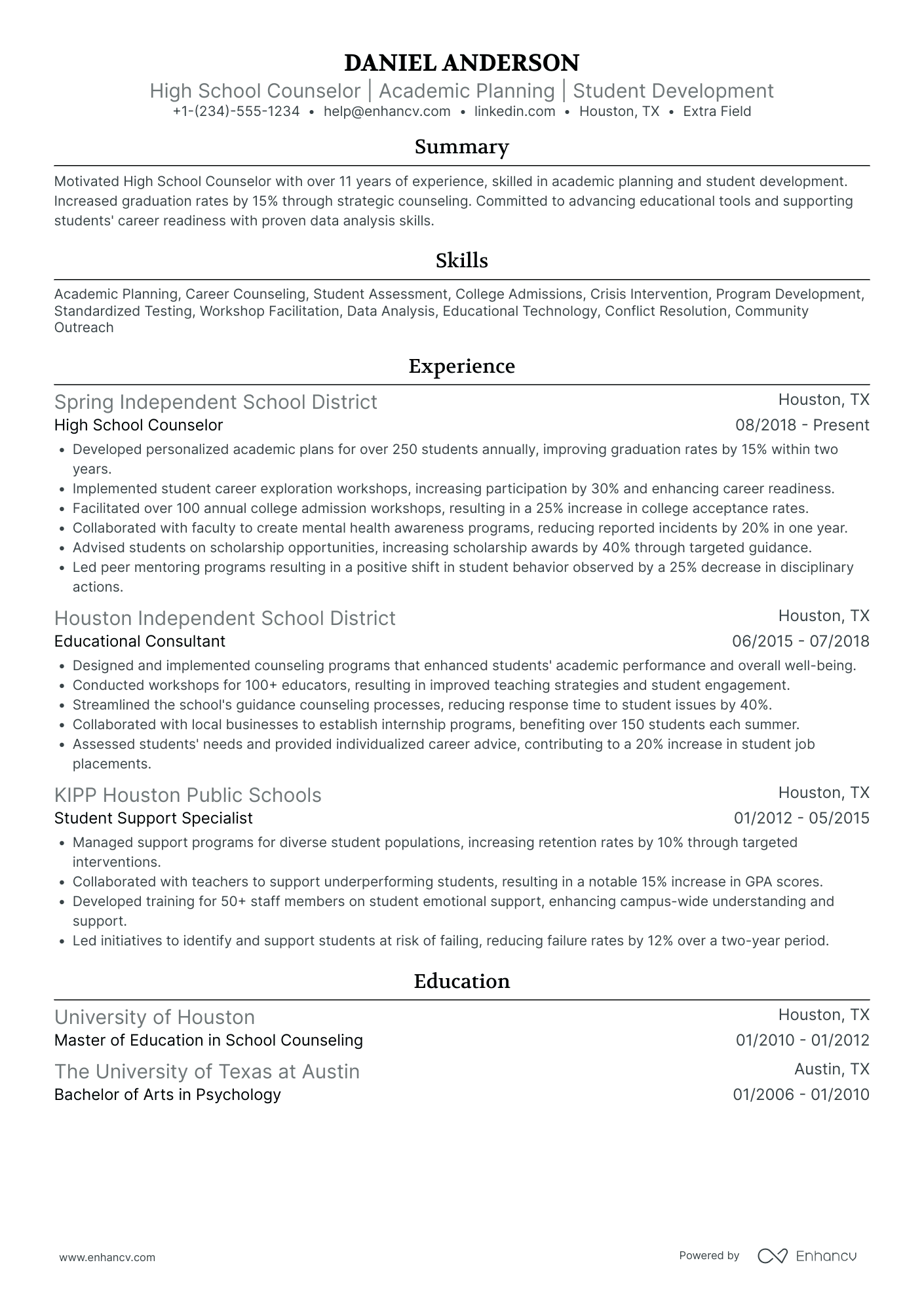 High School Counselor Resume Example