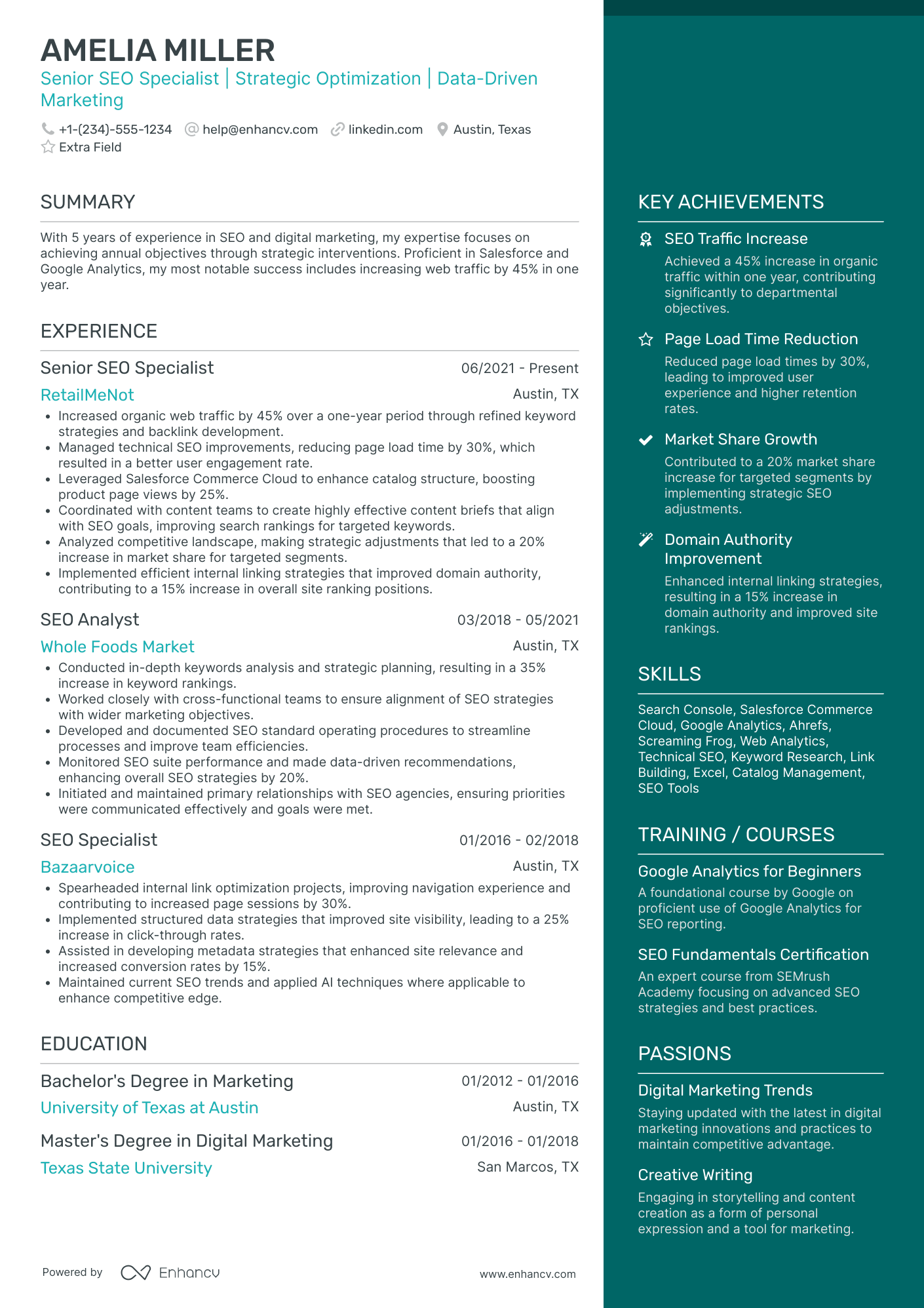 Senior SEO Specialist Resume Example