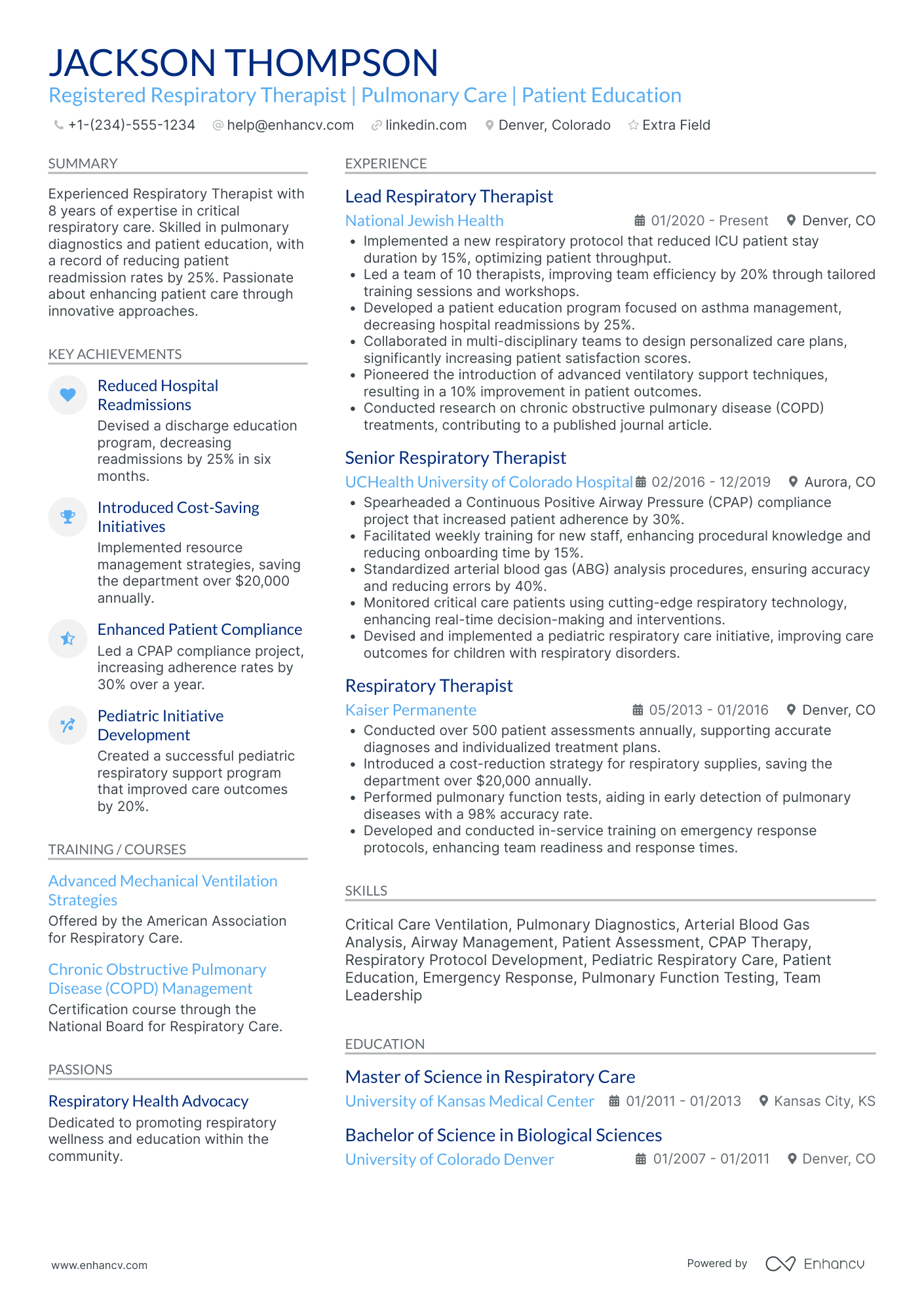 Registered Respiratory Therapist (RRT) Resume Example