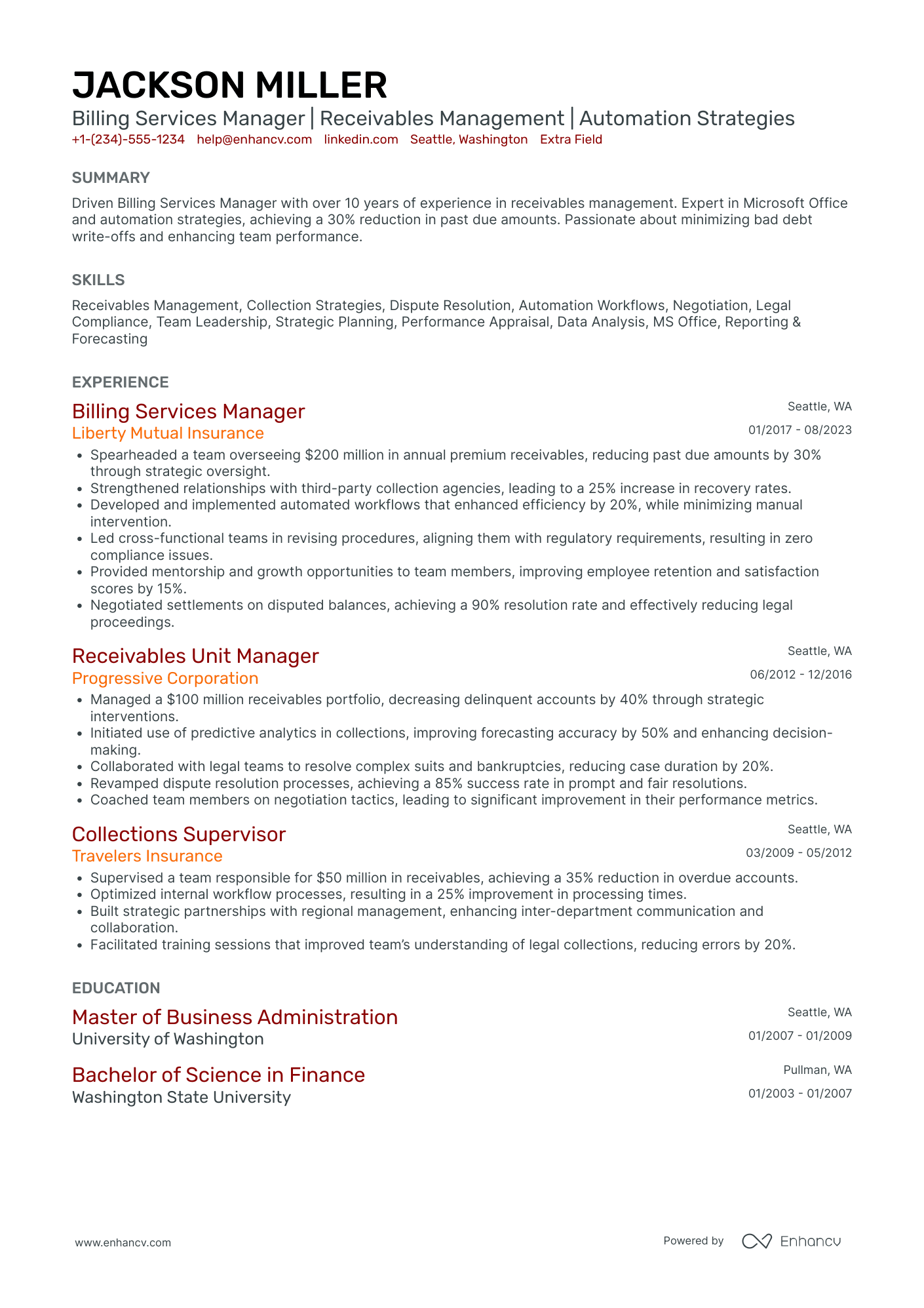 Billing and Payment Manager Resume Example