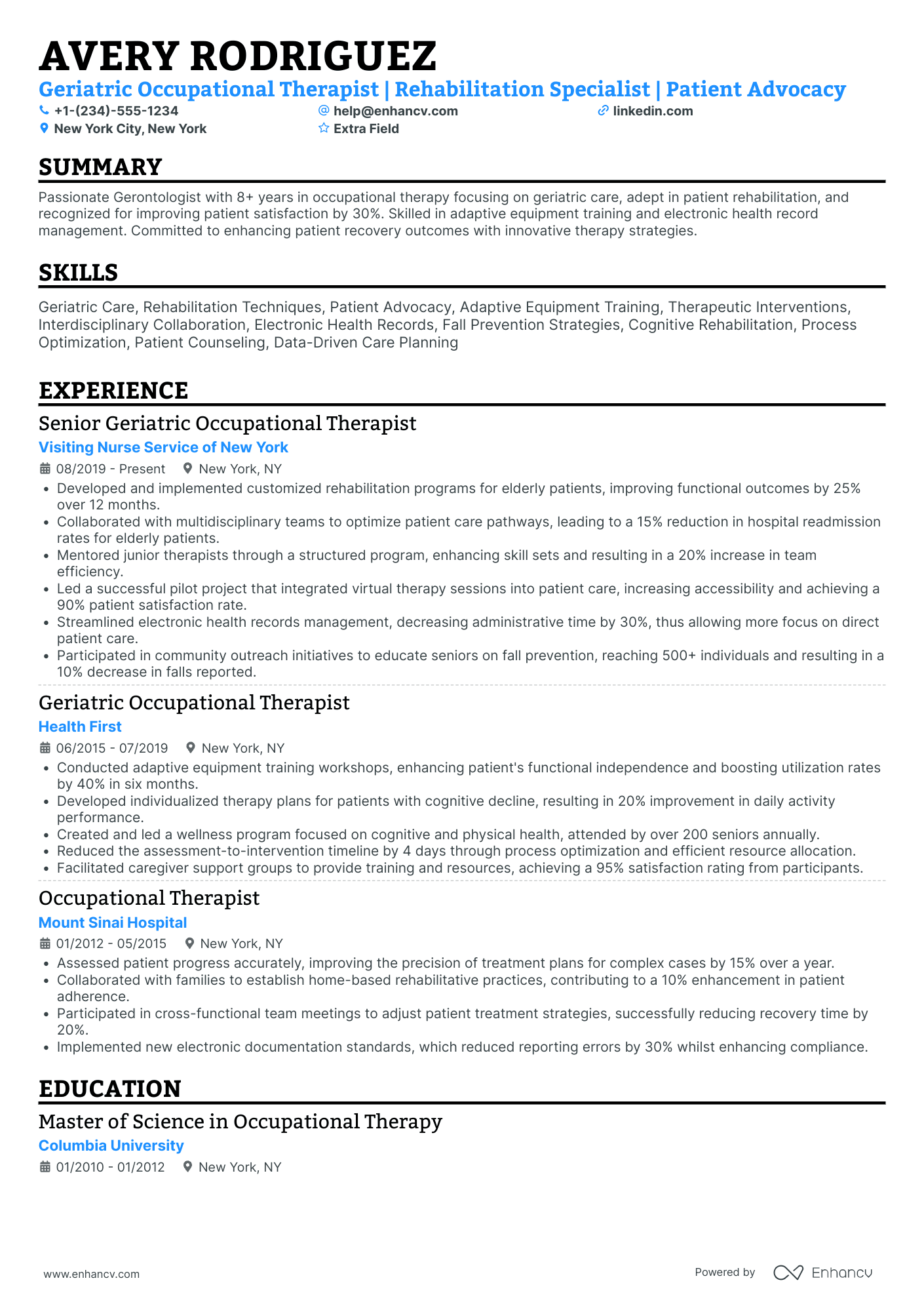 Geriatric Occupational Therapist Resume Example