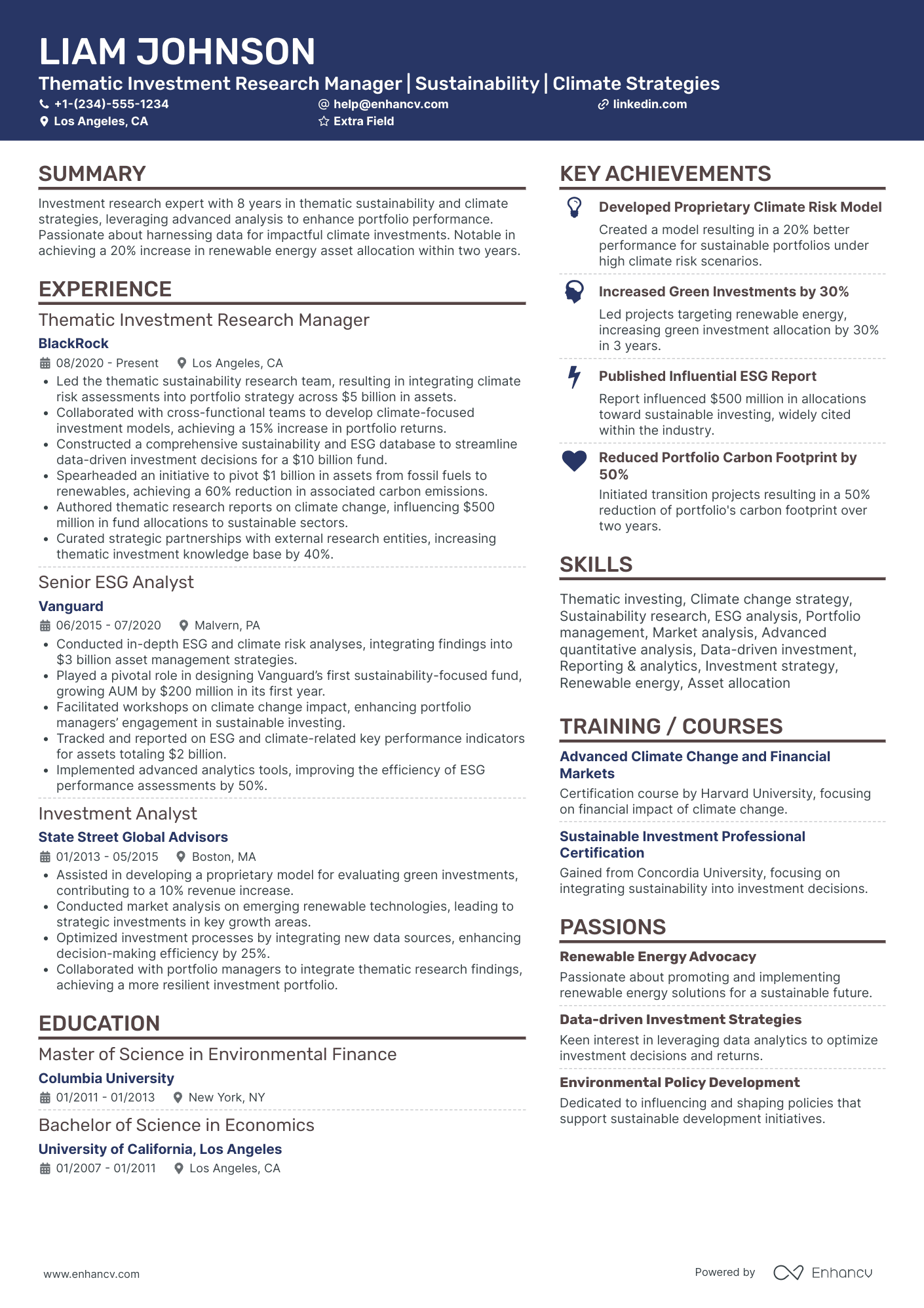 Investment Research Manager Resume Example