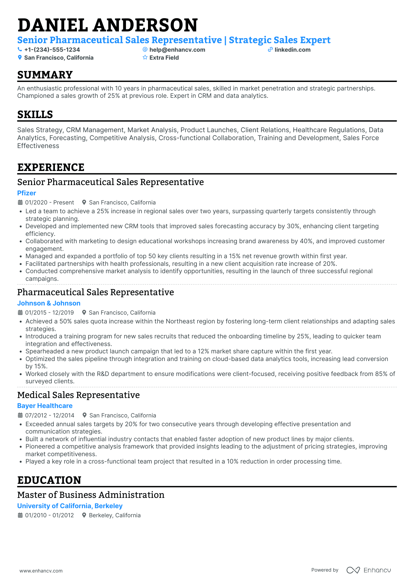 Senior Pharmaceutical Sales Representative Resume Example