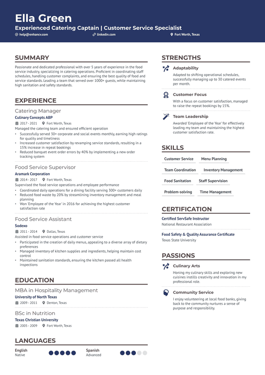 Catering Captain Resume Example