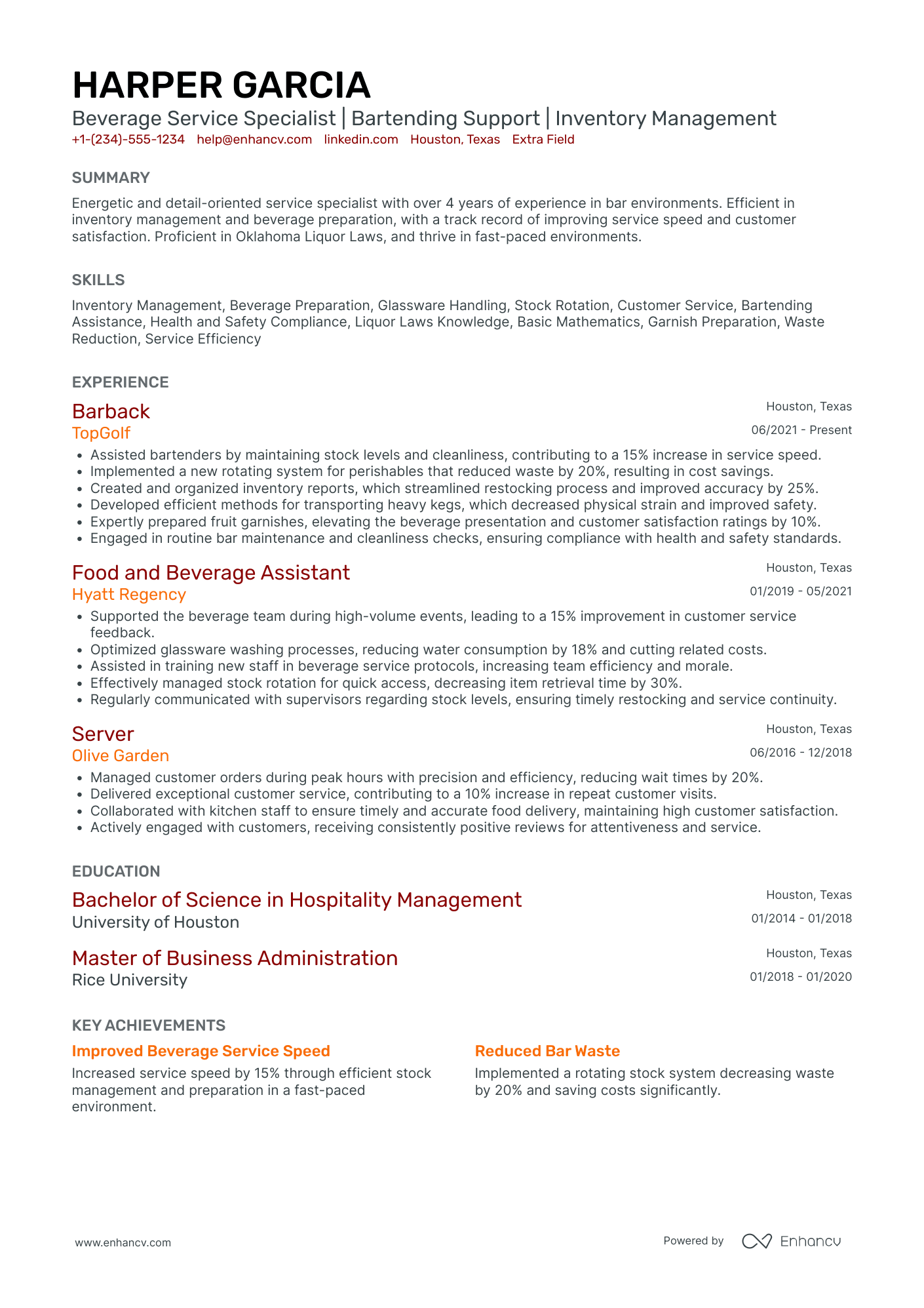 Barback Manager Resume Example