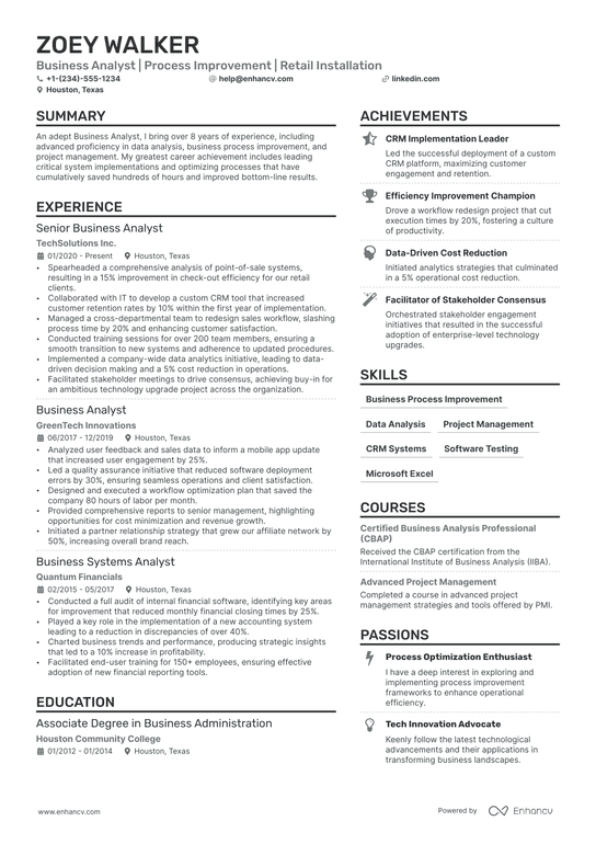 Business Analyst Retail Resume Example