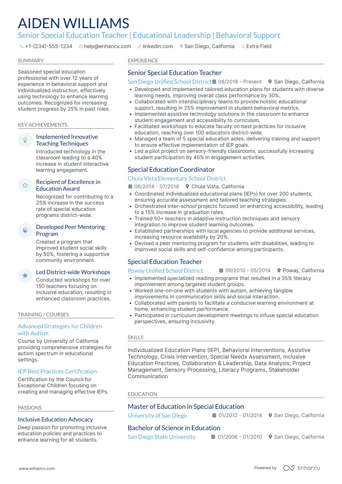 Senior Special Education Teacher Resume Example