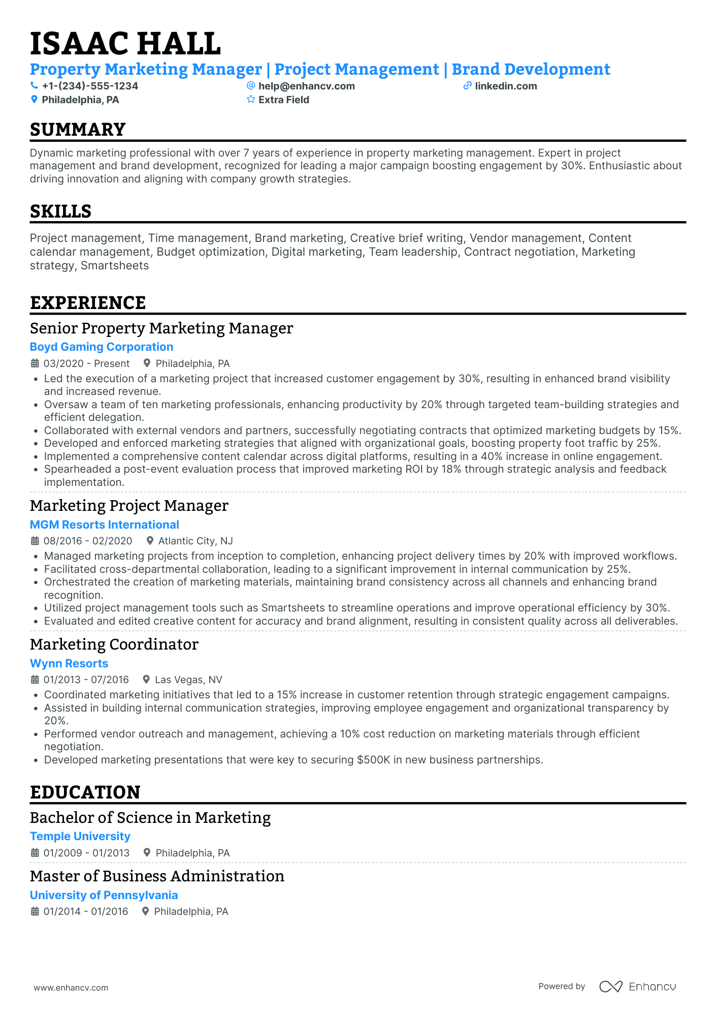 Property Development Manager Resume Example