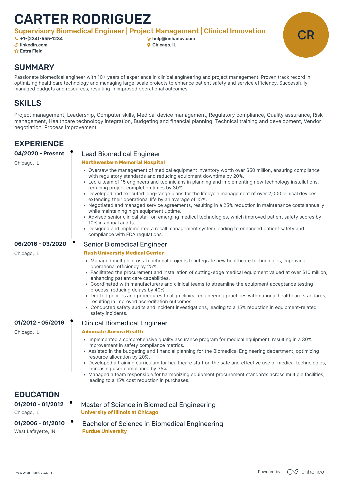 Clinical Biomedical Engineer Resume Example