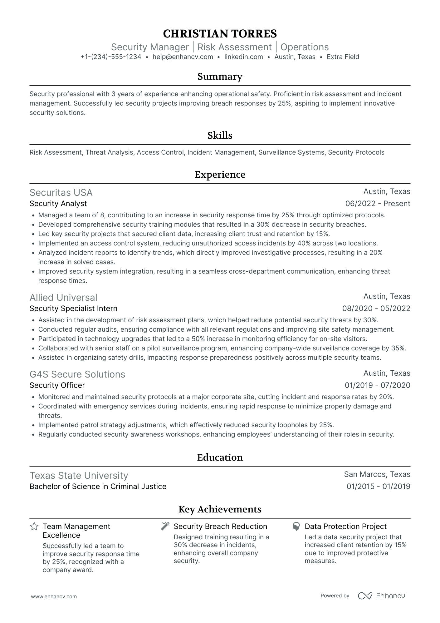 Junior Security Manager Resume Example