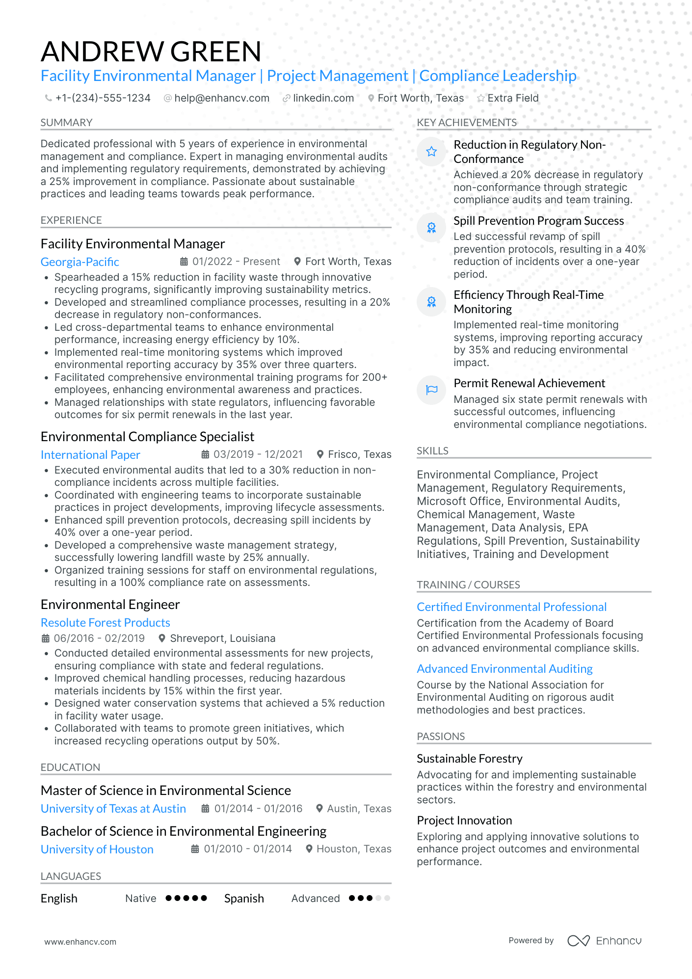 Senior Environmental Manager Resume Example