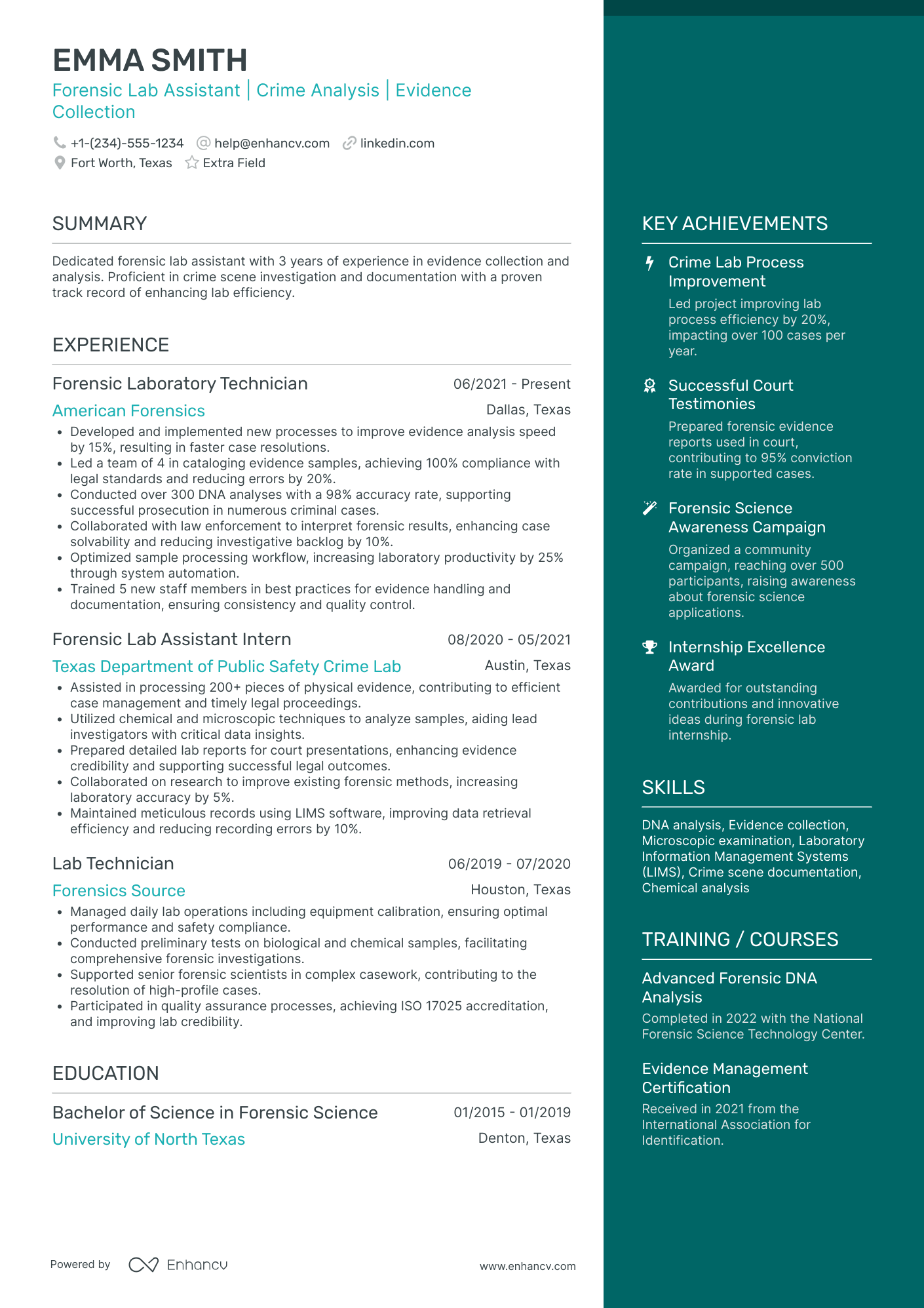 Forensic Lab Assistant Resume Example