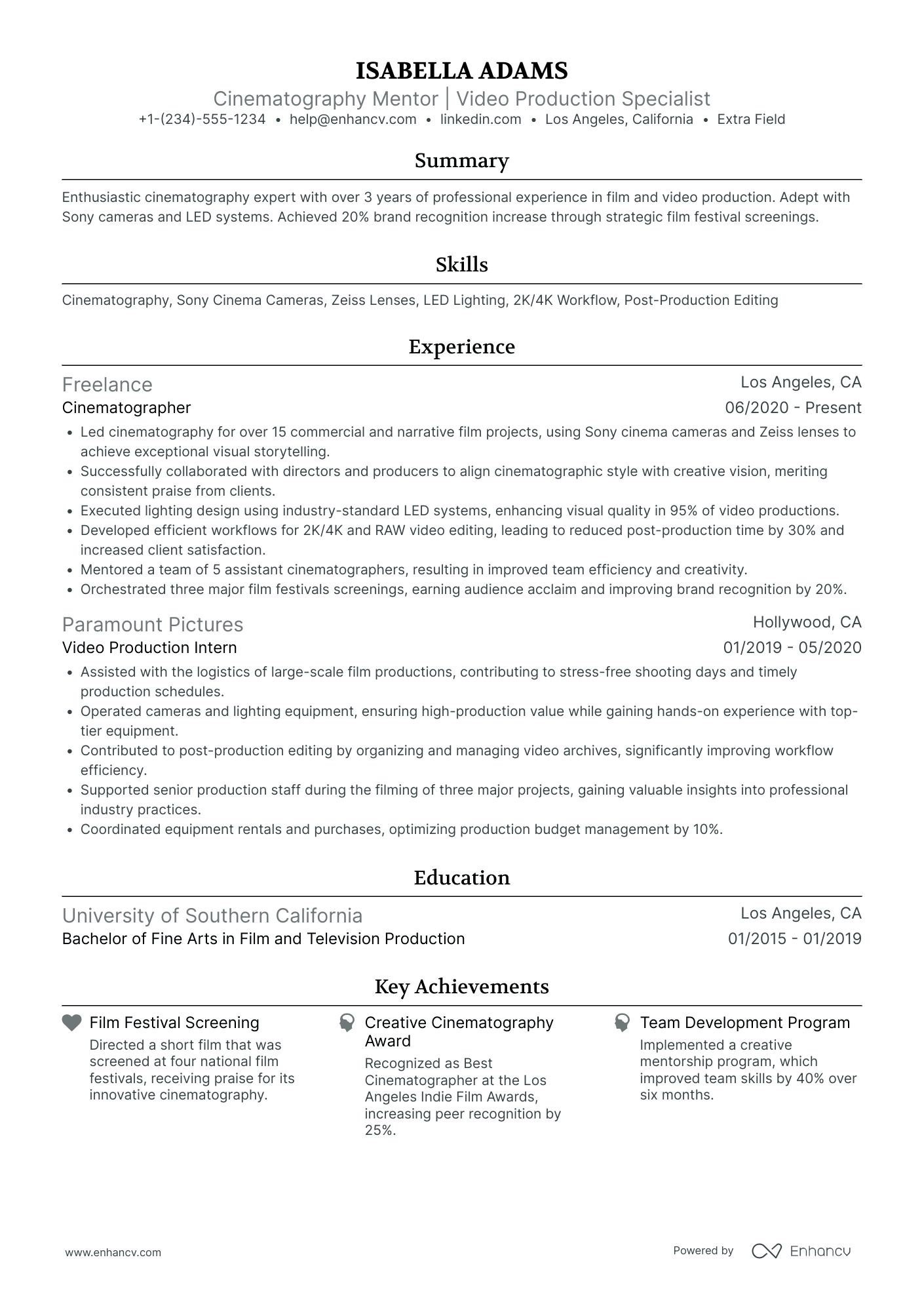 Junior Cinematographer Resume Example