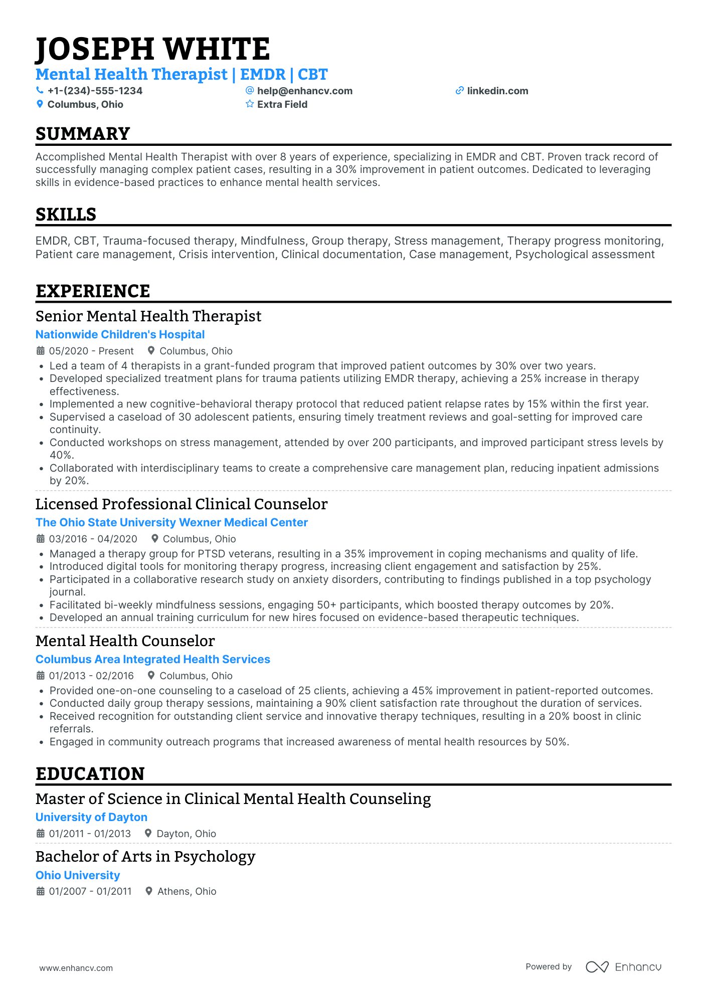 Mental Health Therapist Resume Example