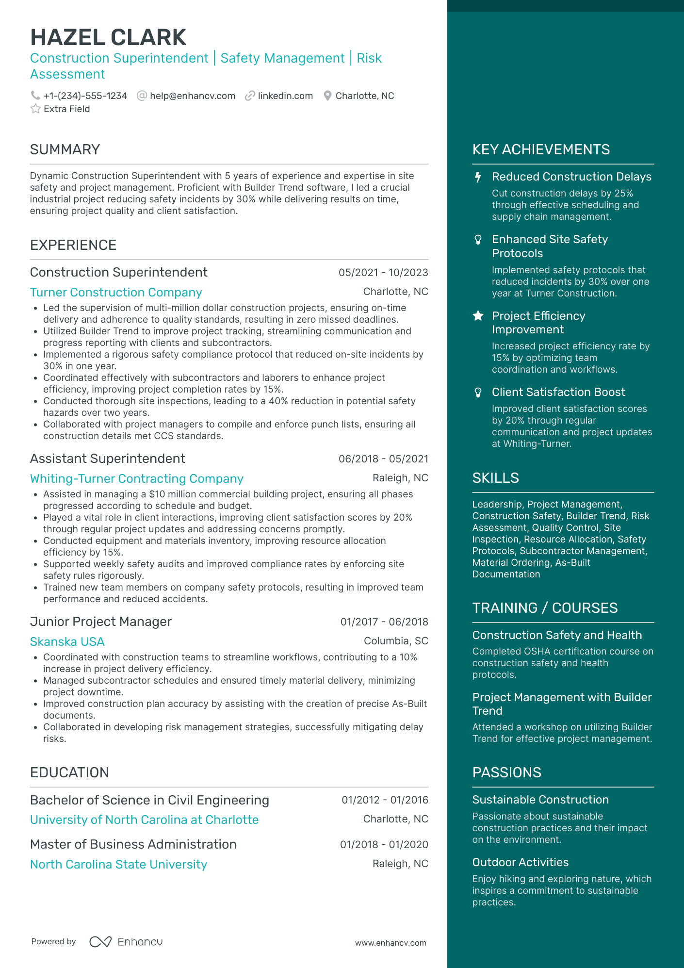 Regional Construction Superintendent Resume Example