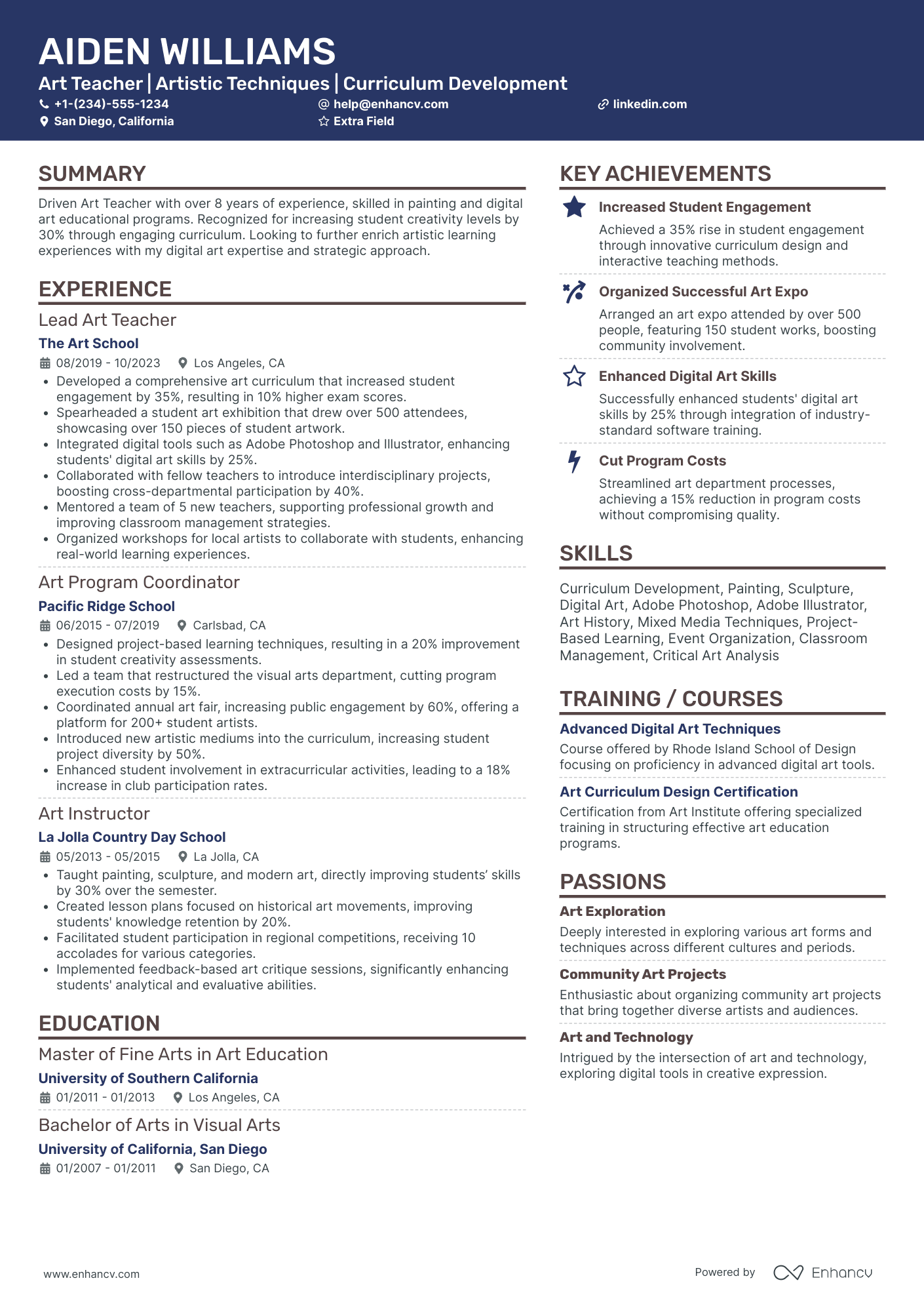 Art Teacher   Private School Resume Example