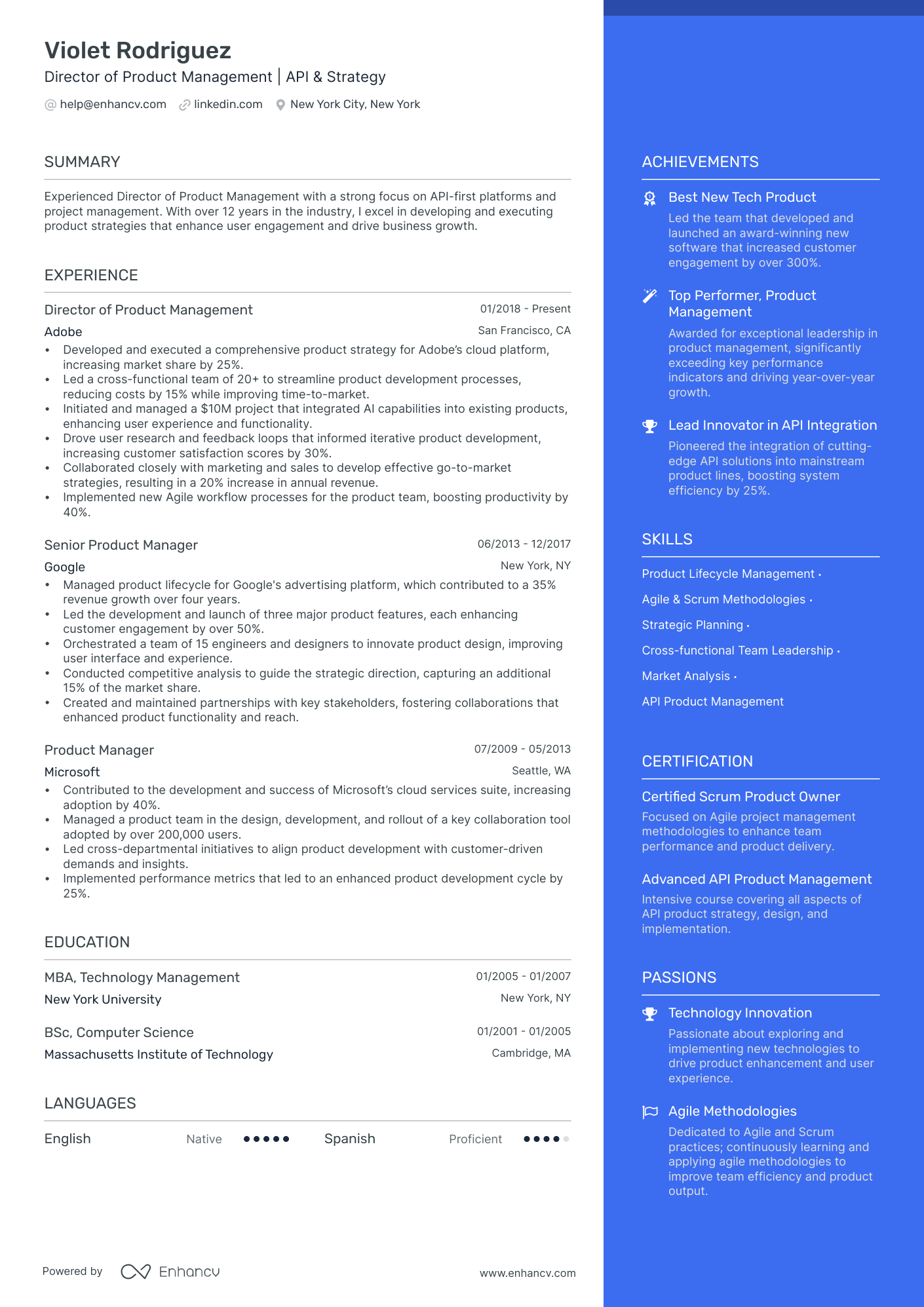 Director of Product Management Resume Example