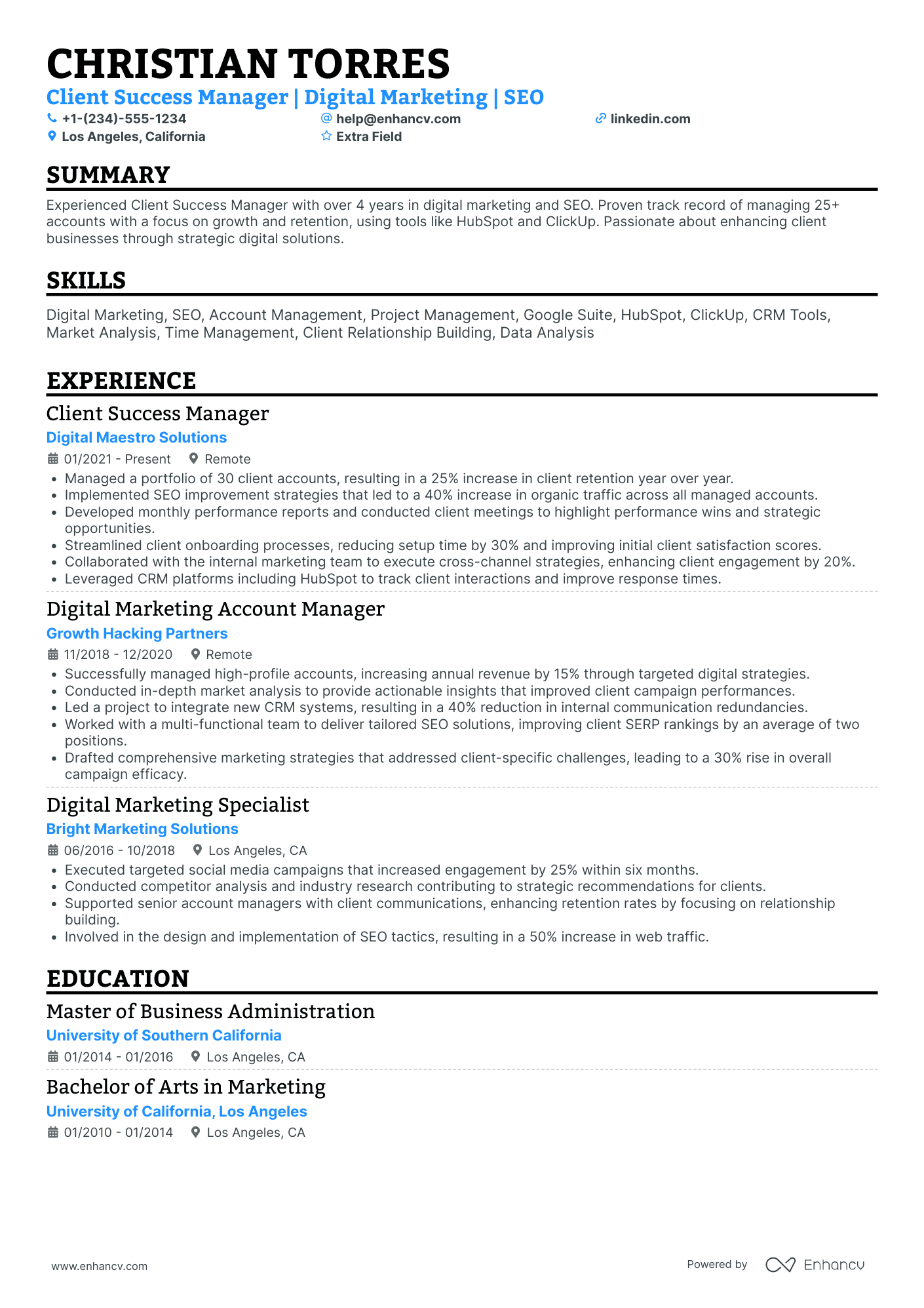 SEO Client Relations Manager Resume Example