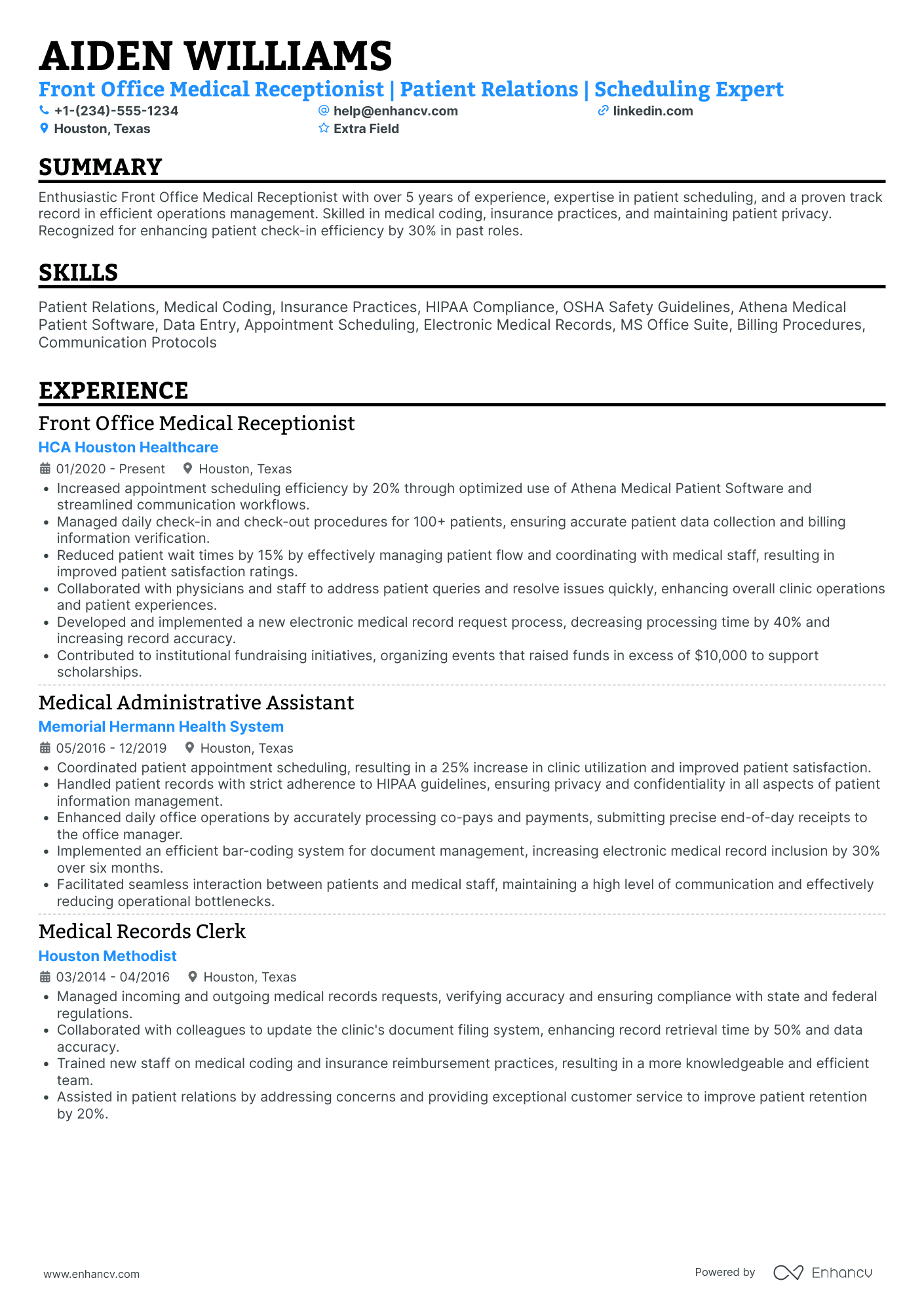 Part Time Medical Receptionist Resume Example