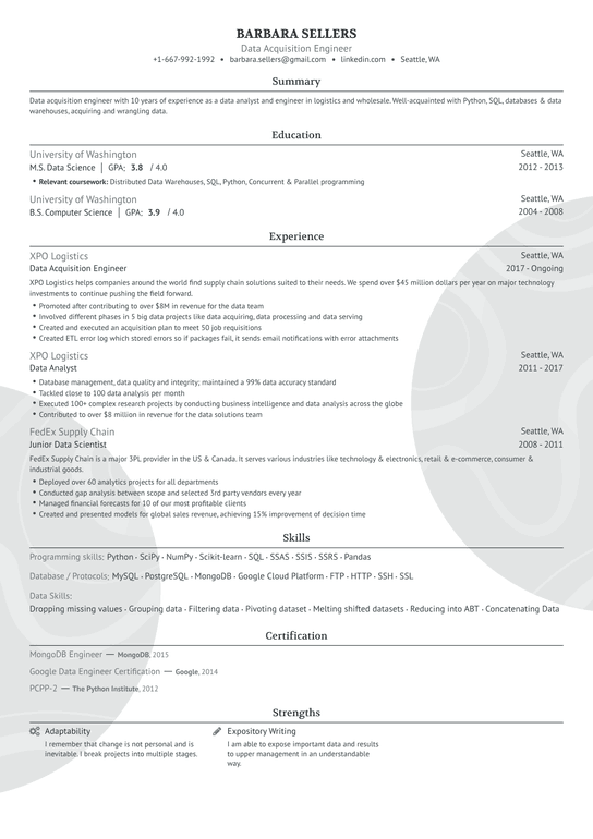 Data Acquisition Engineer Resume Example