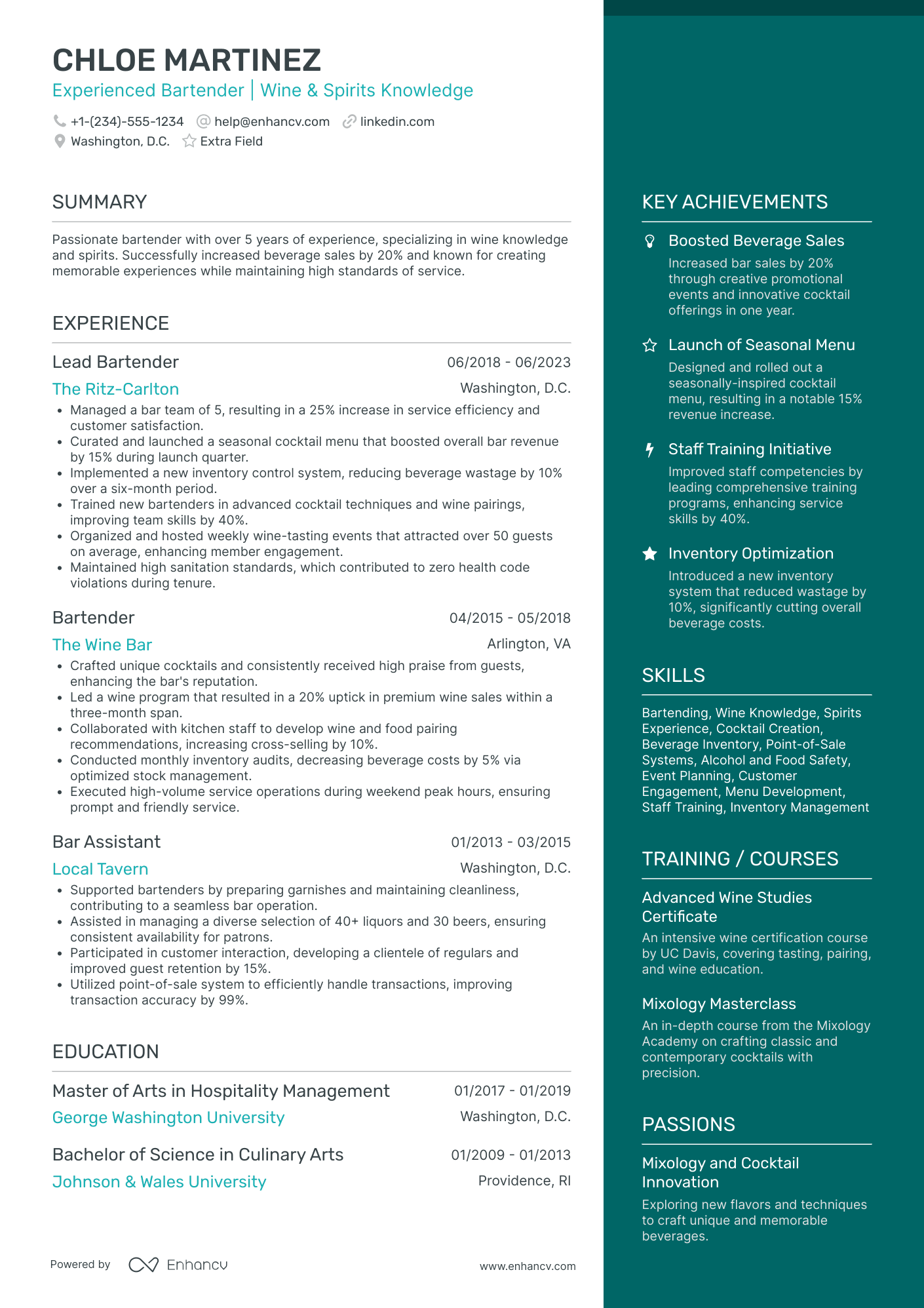 Specialty Drink Bartender Resume Example