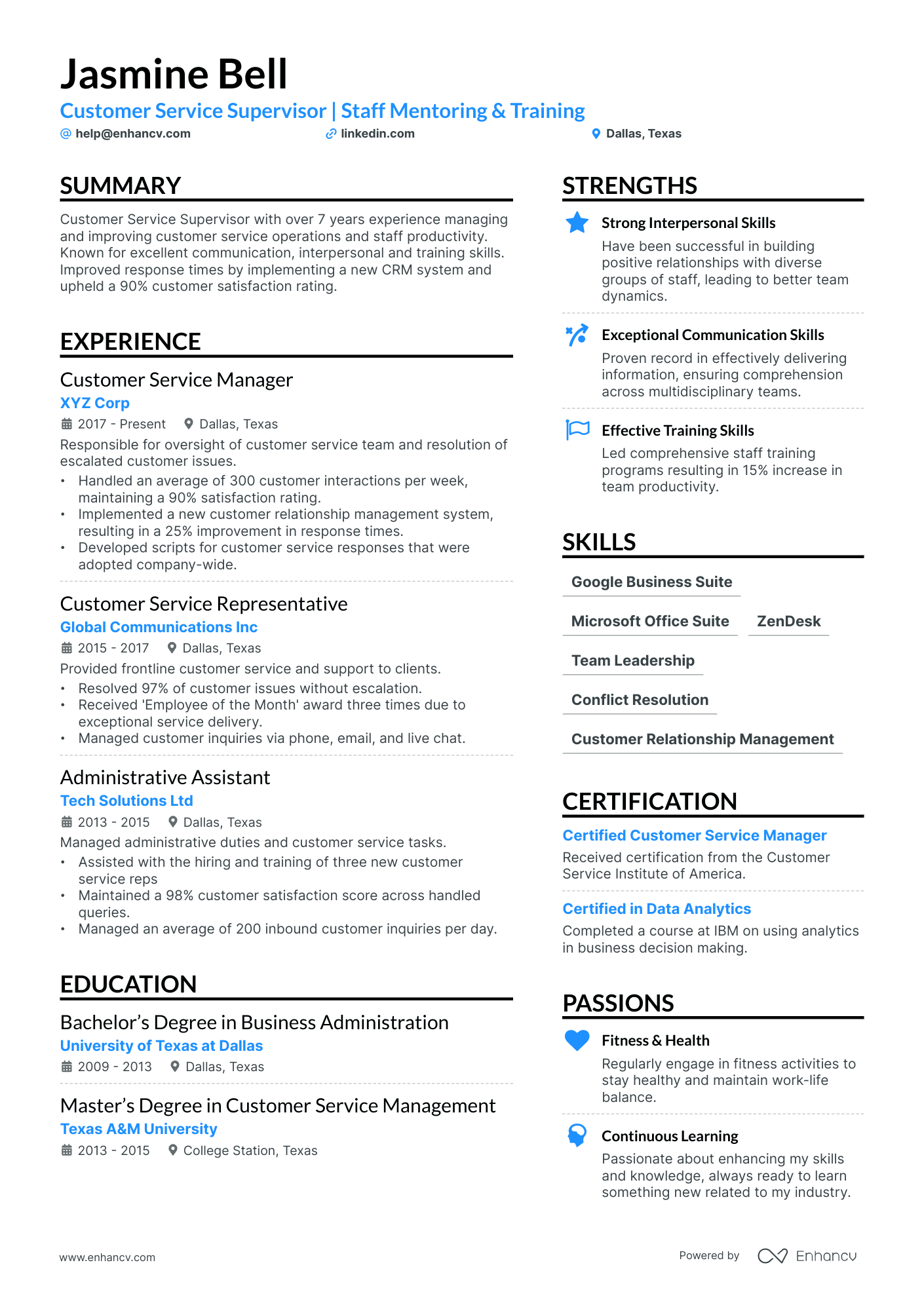 Customer Service Supervisor Resume Example