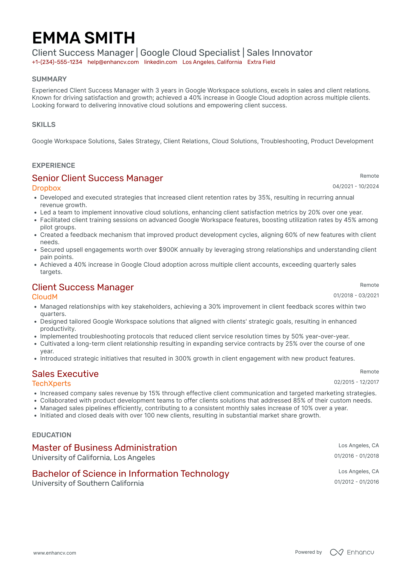 Google Workspace Sales Specialist Resume Example